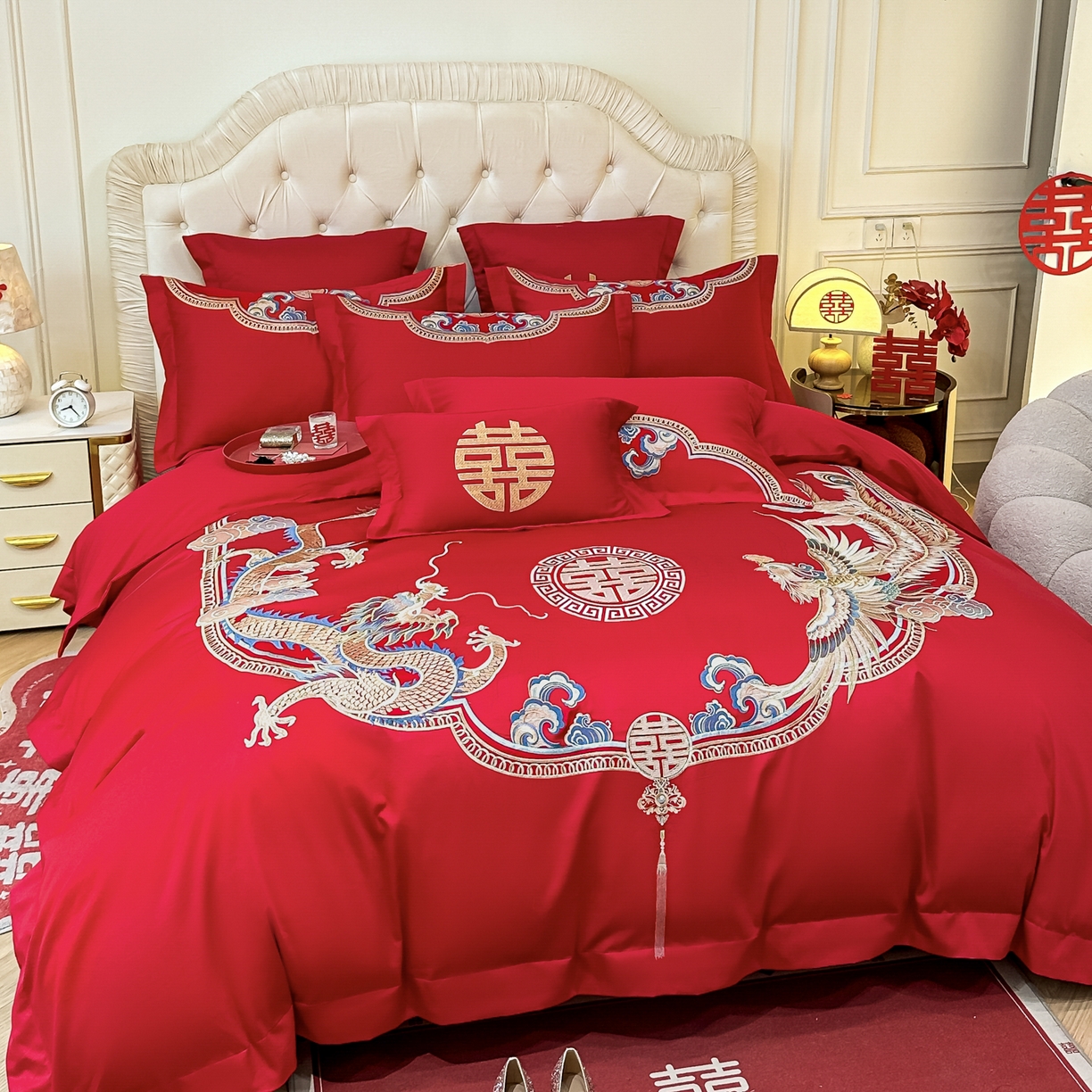 91家纺网 家纺一手货源 找家纺 欧乐蒂 2025新款亲肤棉婚庆刺绣四件套 龙凤喜事