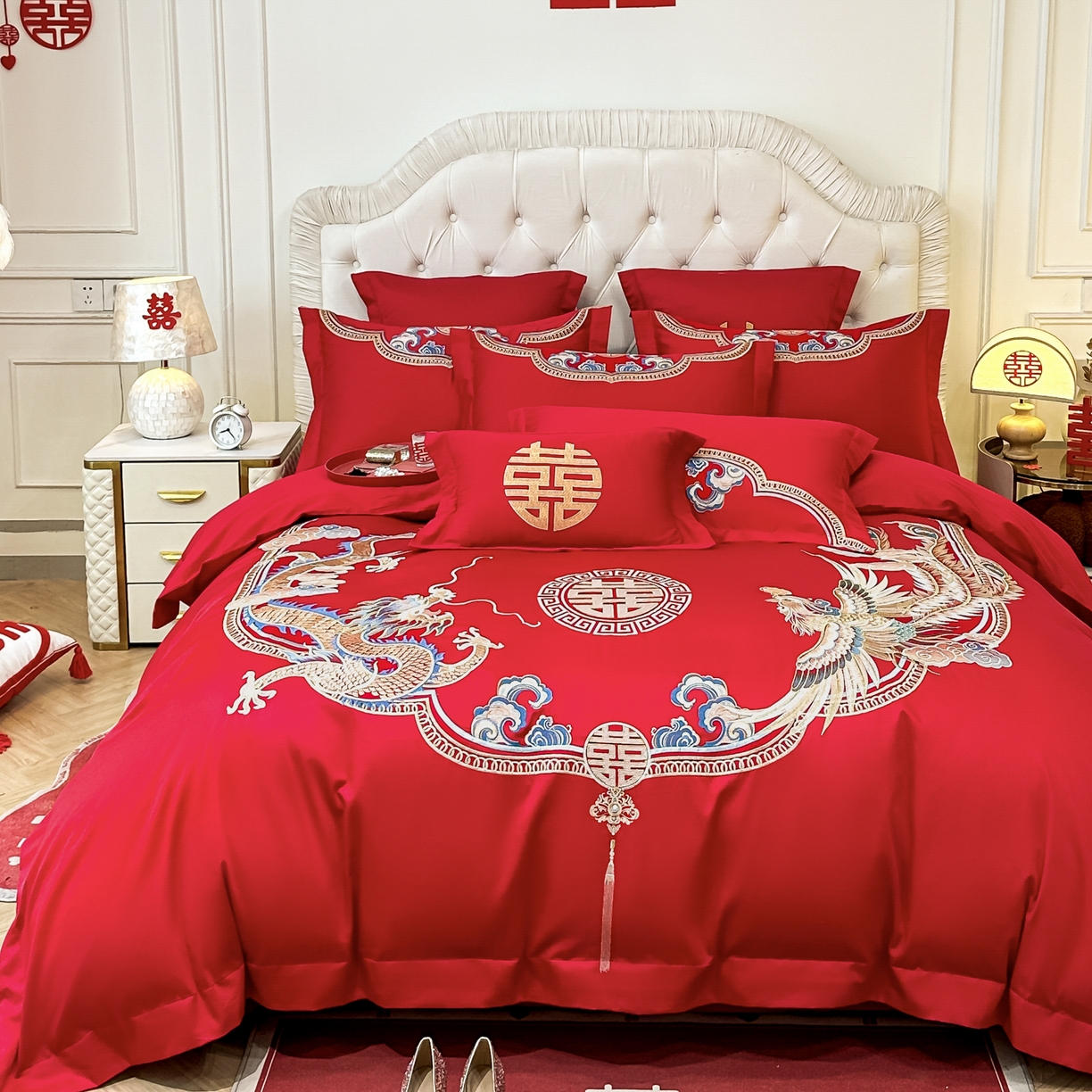 91家纺网 家纺一手货源 找家纺 欧乐蒂 2025新款亲肤棉婚庆刺绣四件套 龙凤喜事