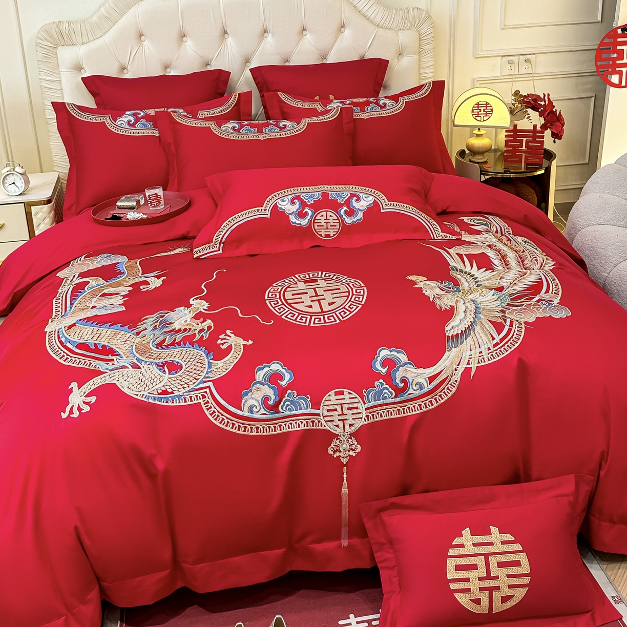 91家纺网 家纺一手货源 找家纺 欧乐蒂 2025新款亲肤棉婚庆刺绣四件套 龙凤喜事