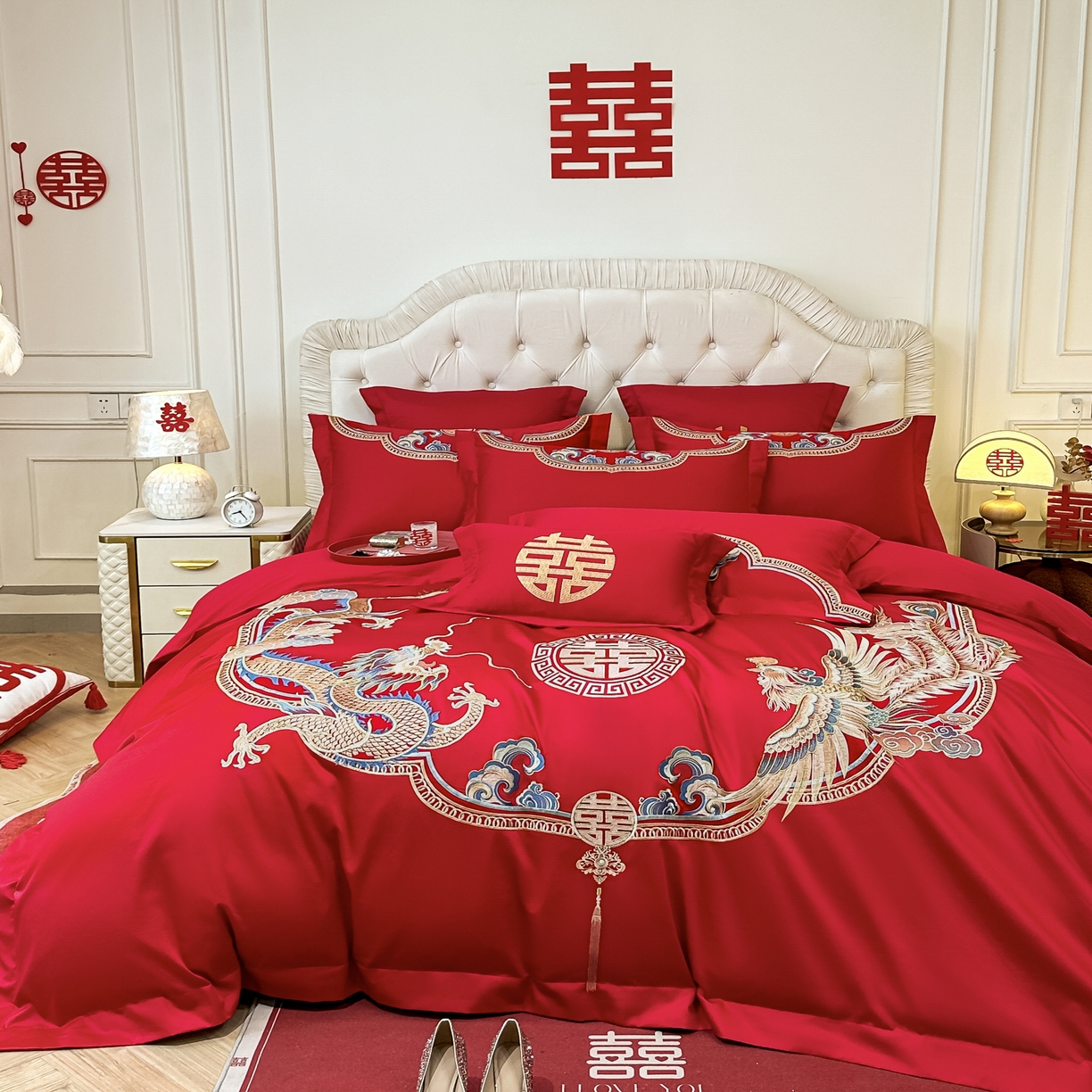 91家纺网 家纺一手货源 找家纺 欧乐蒂 2025新款亲肤棉婚庆刺绣四件套 龙凤喜事