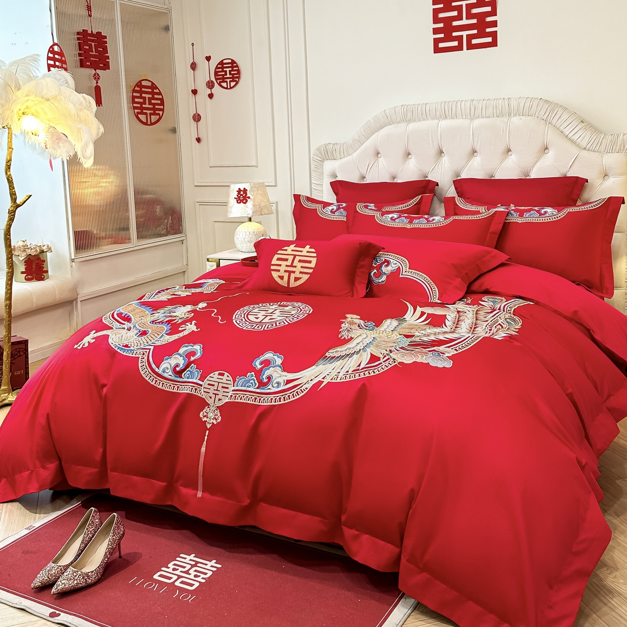 91家纺网 家纺一手货源 找家纺 欧乐蒂 2025新款亲肤棉婚庆刺绣四件套 龙凤喜事