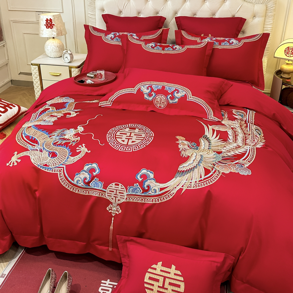 91家纺网 家纺一手货源 找家纺 欧乐蒂 2025新款亲肤棉婚庆刺绣四件套 龙凤喜事