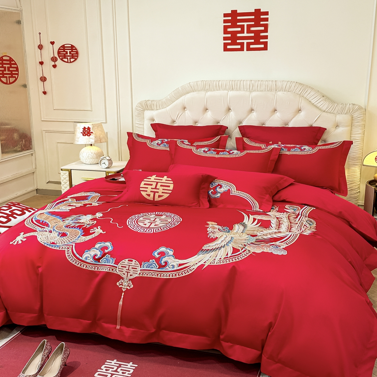 91家纺网 家纺一手货源 找家纺 欧乐蒂 2025新款亲肤棉婚庆刺绣四件套 龙凤喜事
