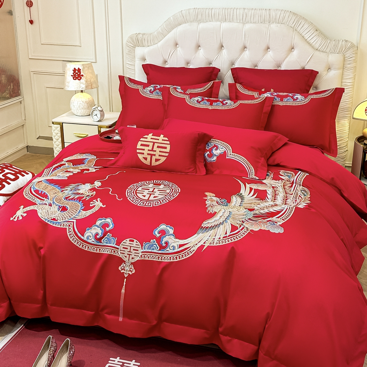 91家纺网 家纺一手货源 找家纺 欧乐蒂 2025新款亲肤棉婚庆刺绣四件套 龙凤喜事