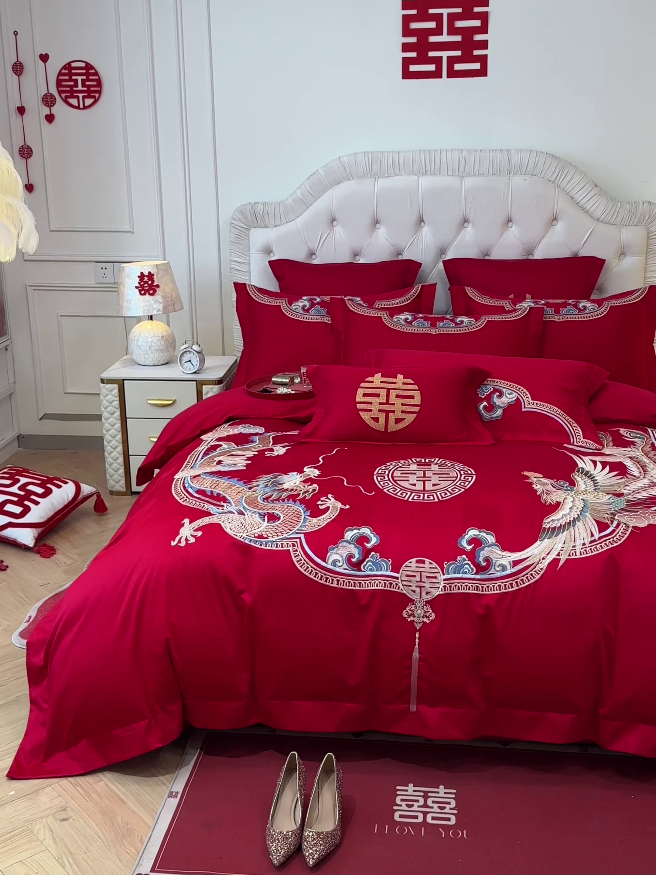 91家纺网 家纺一手货源 找家纺 欧乐蒂 2025新款亲肤棉婚庆刺绣四件套 龙凤喜事