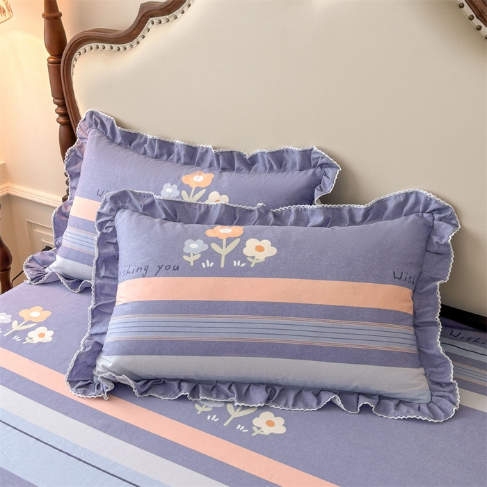 缦彩 2025新款全棉纯棉磨毛印花拉链式花边枕套一对 浅忆雏菊-蓝