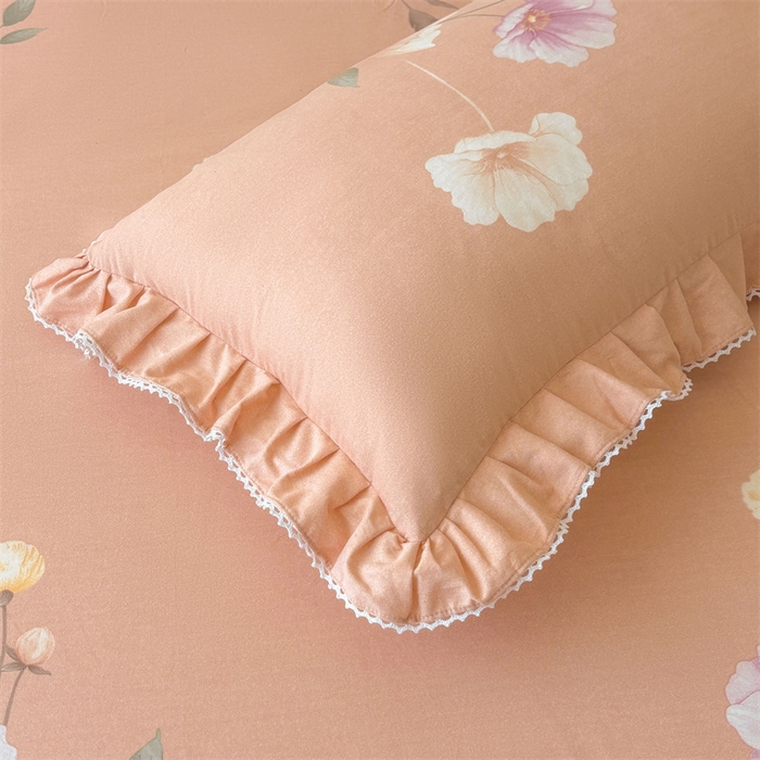 91家纺网 家纺一手货源 找家纺 缦彩 2025新款全棉纯棉磨毛印花拉链式花边枕套一对 花艺清梦-粉