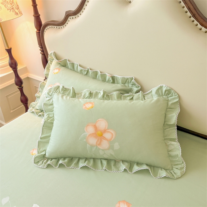 缦彩 2025新款全棉纯棉磨毛印花拉链式花边枕套一对 槿花怒放-绿