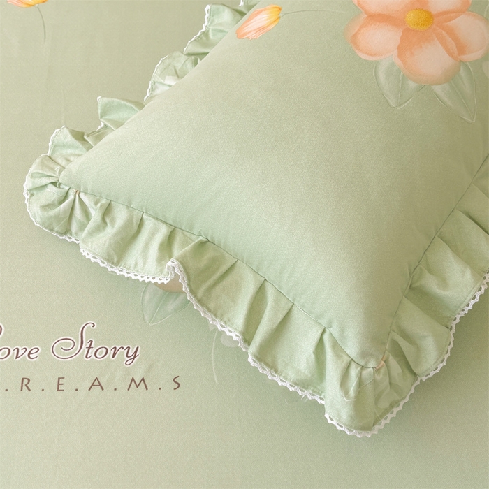 91家纺网 家纺一手货源 找家纺 缦彩 2025新款全棉纯棉磨毛印花拉链式花边枕套一对 槿花怒放-绿