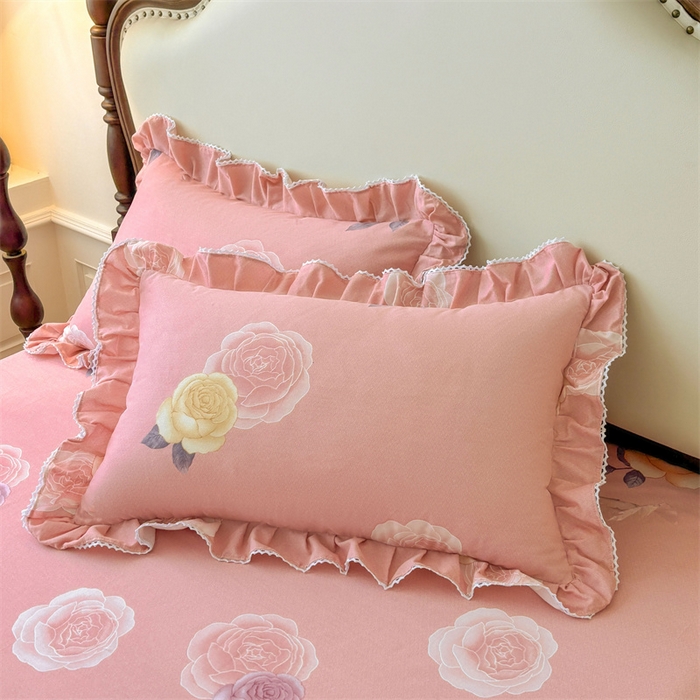 缦彩 2025新款全棉纯棉磨毛印花拉链式花边枕套一对 落日繁华-粉