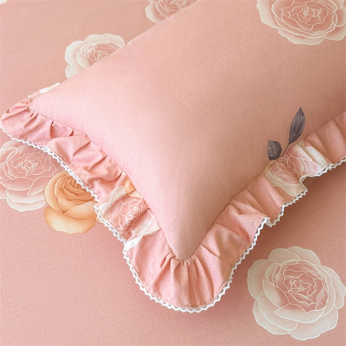 91家纺网 家纺一手货源 找家纺 缦彩 2025新款全棉纯棉磨毛印花拉链式花边枕套一对 落日繁华-粉