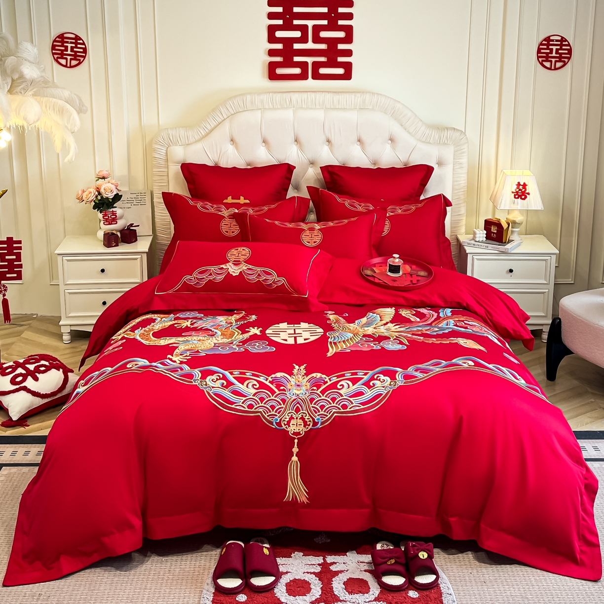 欧乐蒂 2025新款亲肤棉婚庆刺绣四件套 龙凤祥瑞