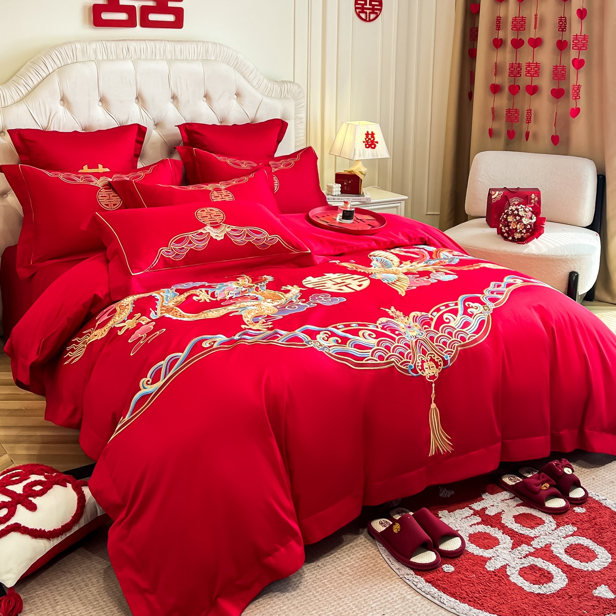 91家纺网 家纺一手货源 找家纺 欧乐蒂 2025新款亲肤棉婚庆刺绣四件套 龙凤祥瑞