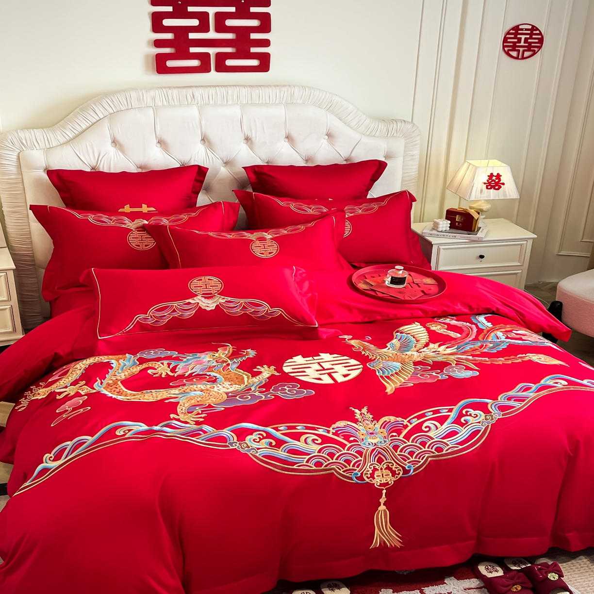 91家纺网 家纺一手货源 找家纺 欧乐蒂 2025新款亲肤棉婚庆刺绣四件套 龙凤祥瑞