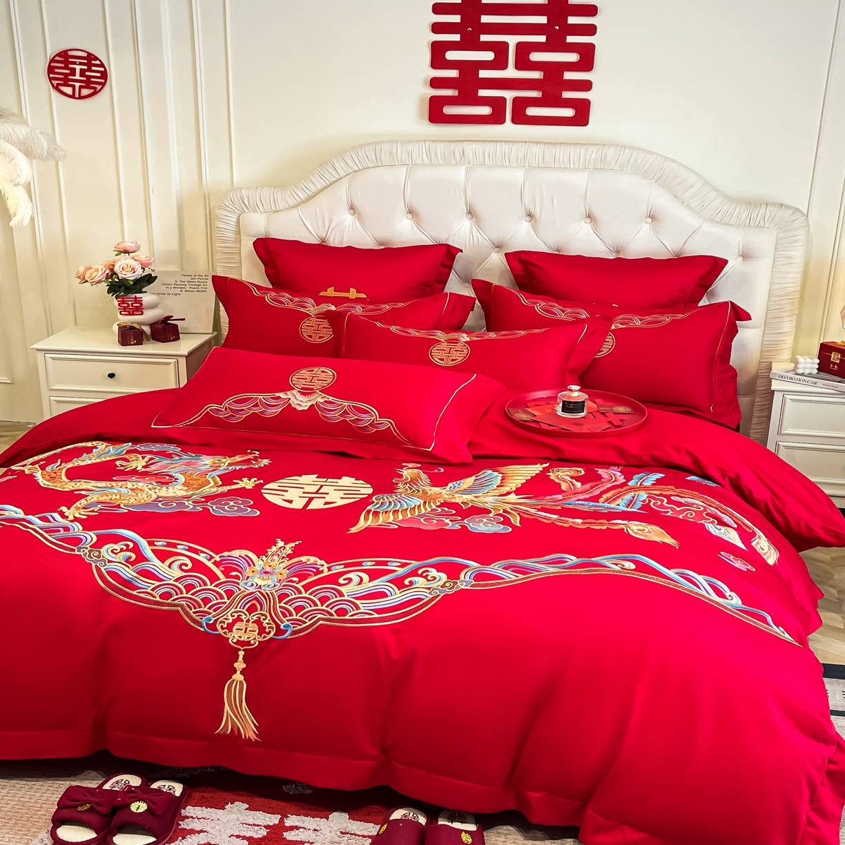 91家纺网 家纺一手货源 找家纺 欧乐蒂 2025新款亲肤棉婚庆刺绣四件套 龙凤祥瑞