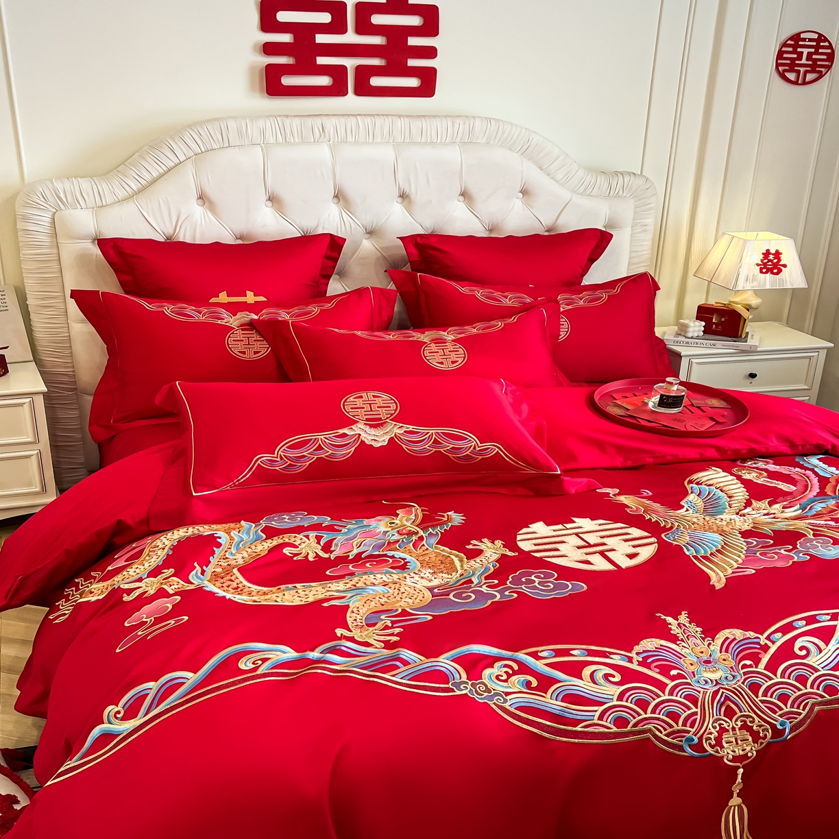 91家纺网 家纺一手货源 找家纺 欧乐蒂 2025新款亲肤棉婚庆刺绣四件套 龙凤祥瑞