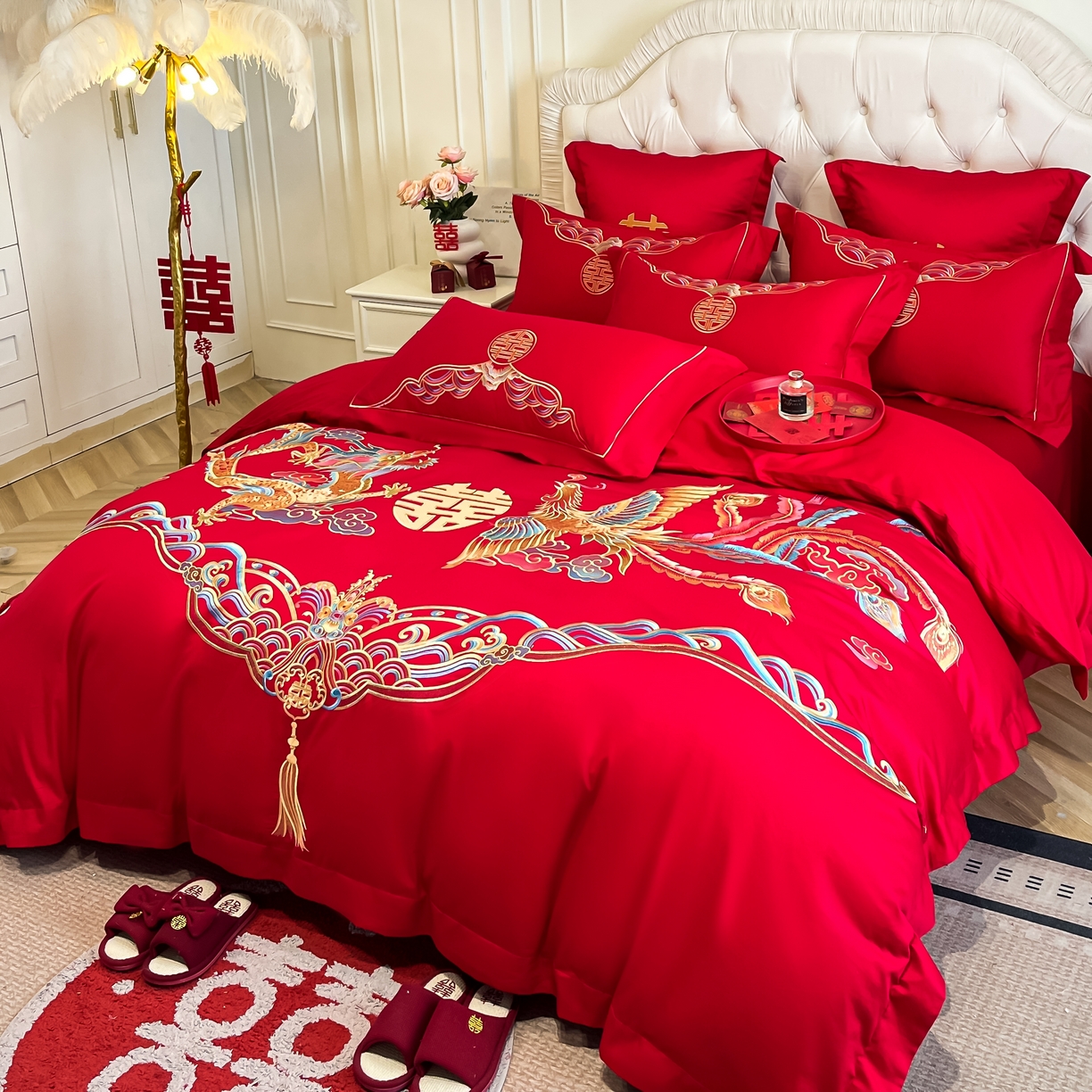 91家纺网 家纺一手货源 找家纺 欧乐蒂 2025新款亲肤棉婚庆刺绣四件套 龙凤祥瑞