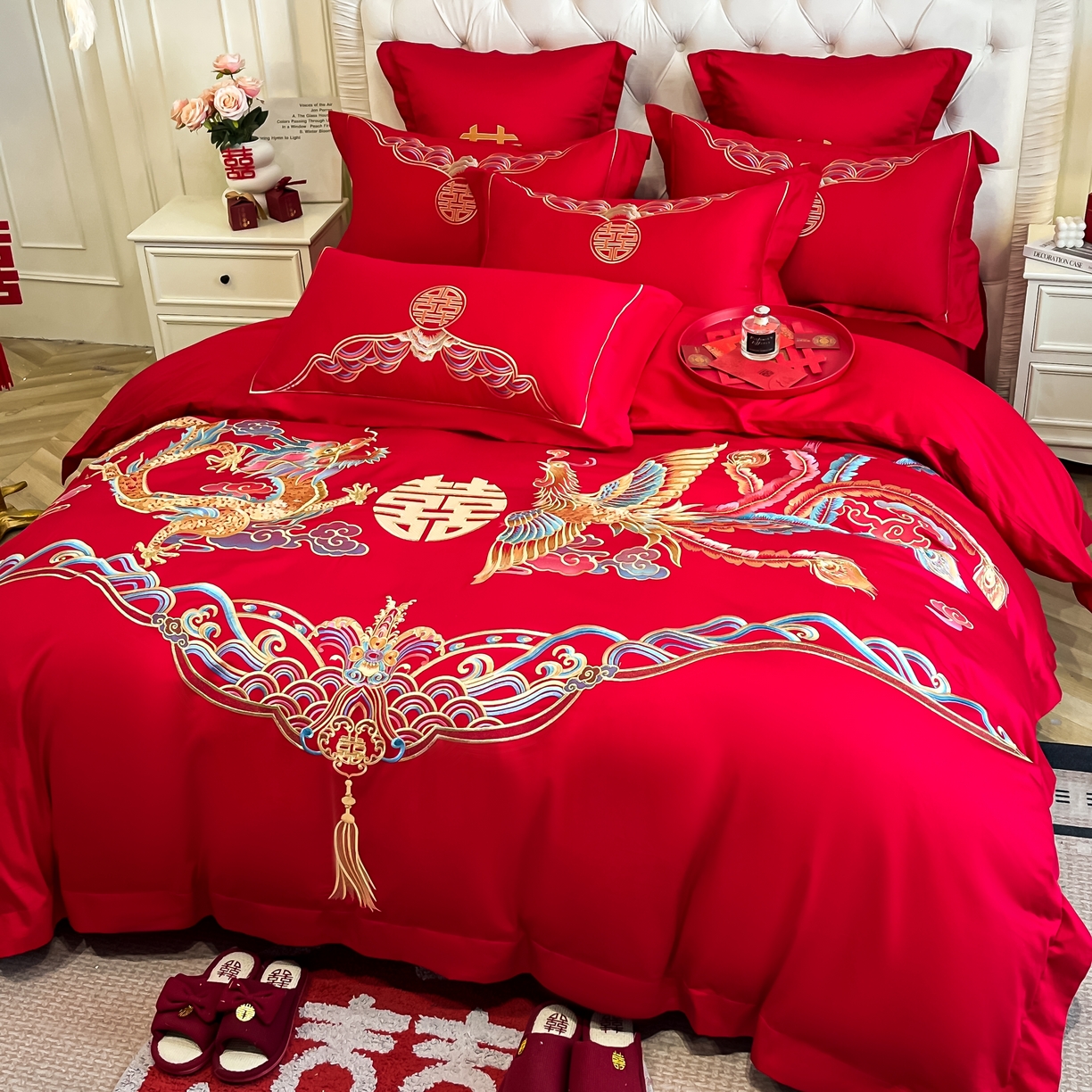 91家纺网 家纺一手货源 找家纺 欧乐蒂 2025新款亲肤棉婚庆刺绣四件套 龙凤祥瑞