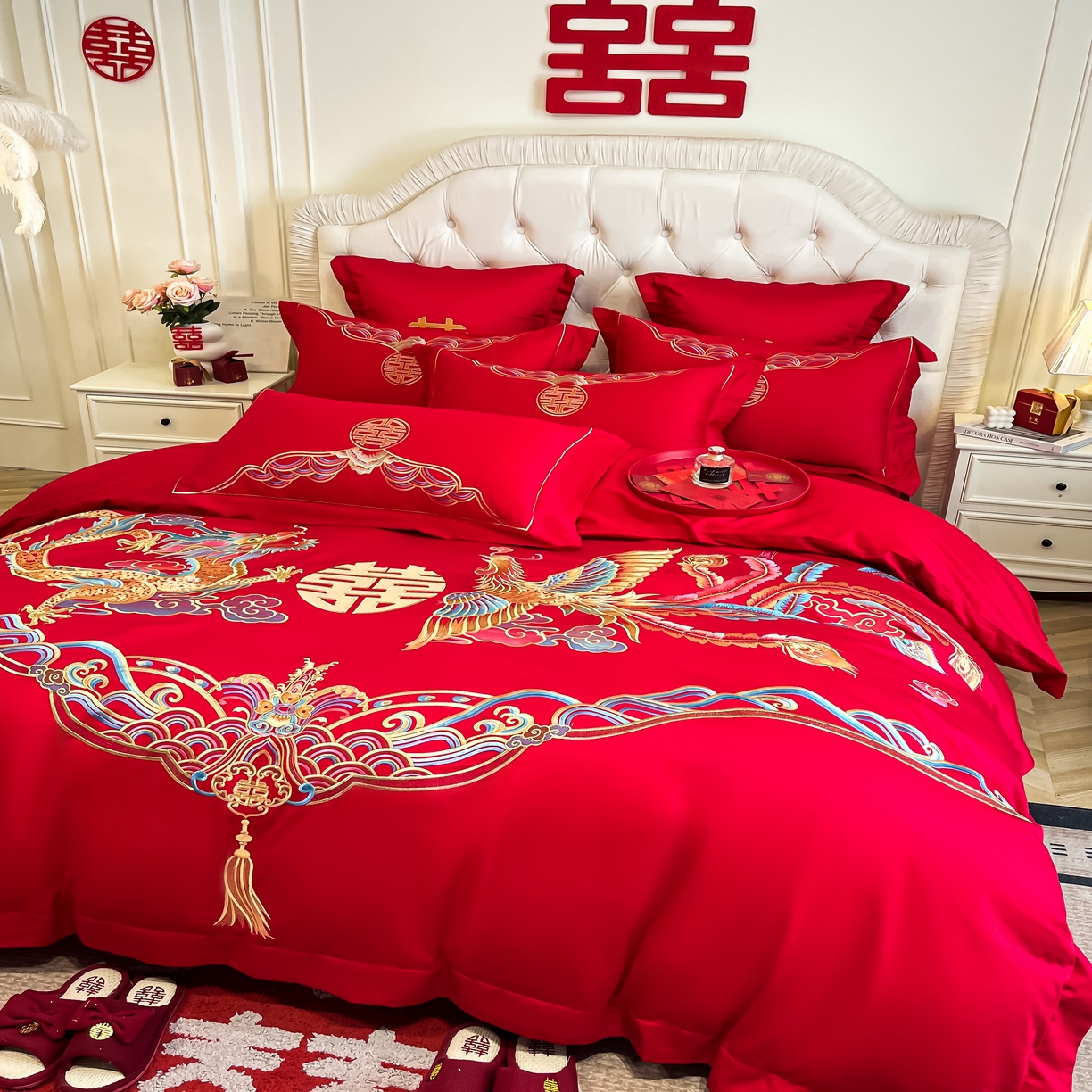 91家纺网 家纺一手货源 找家纺 欧乐蒂 2025新款亲肤棉婚庆刺绣四件套 龙凤祥瑞