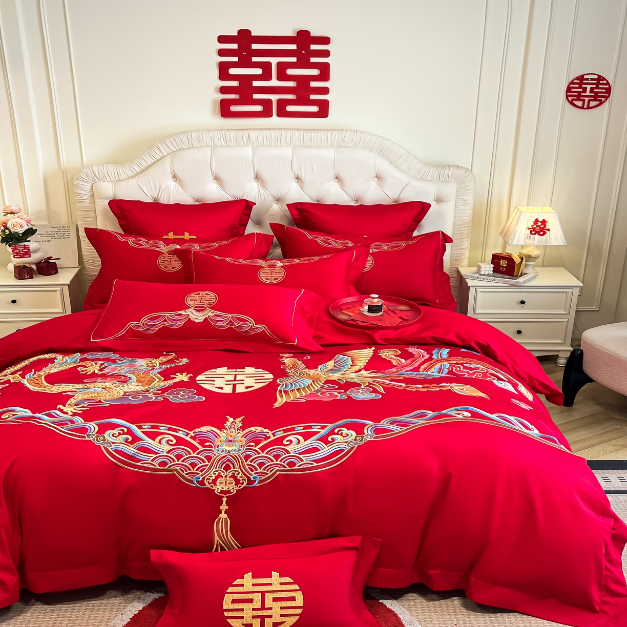 91家纺网 家纺一手货源 找家纺 欧乐蒂 2025新款亲肤棉婚庆刺绣四件套 龙凤祥瑞