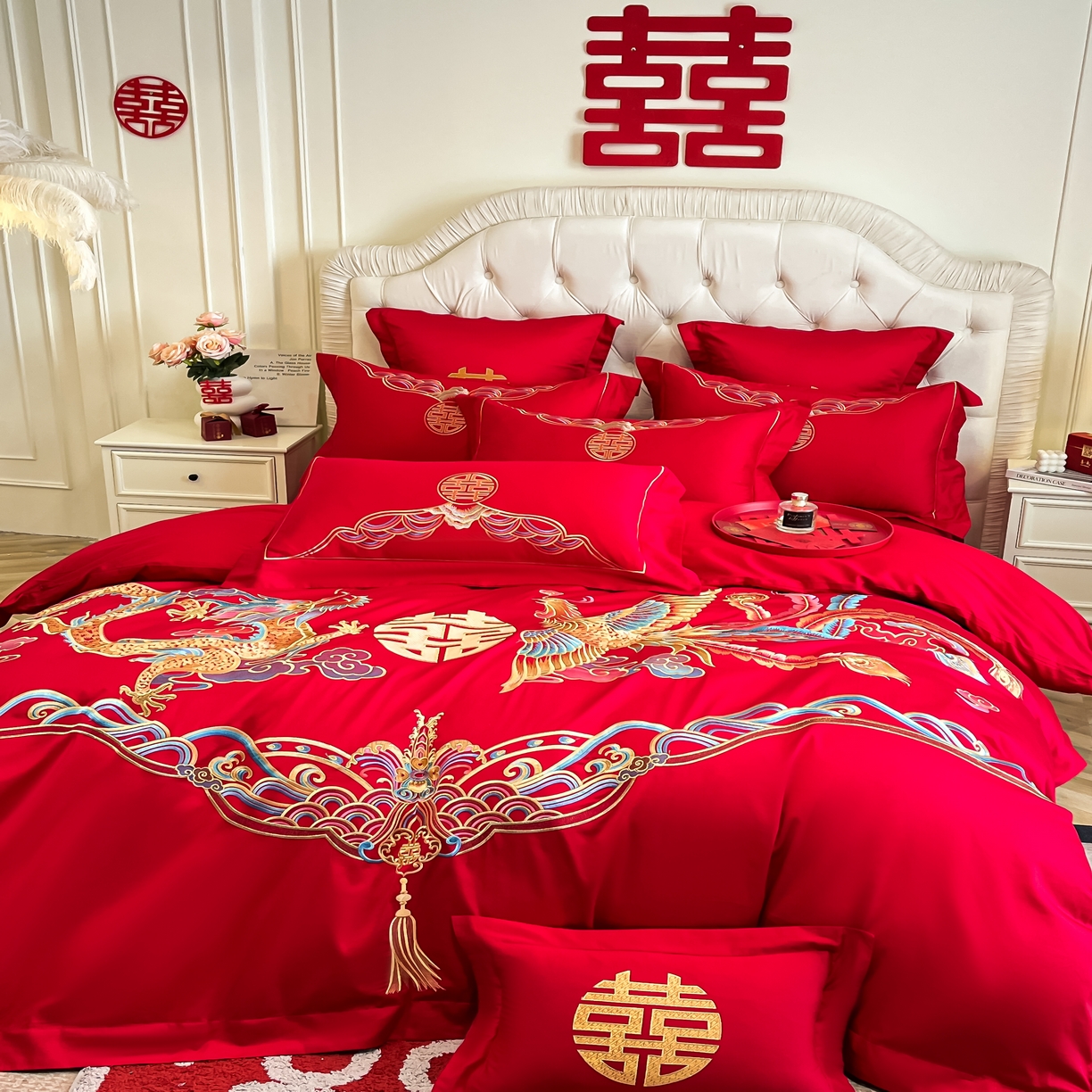 91家纺网 家纺一手货源 找家纺 欧乐蒂 2025新款亲肤棉婚庆刺绣四件套 龙凤祥瑞