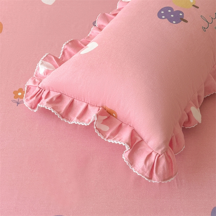 91家纺网 家纺一手货源 找家纺 缦彩 2025新款全棉纯棉磨毛印花拉链式花边枕套一对 珍妮粉