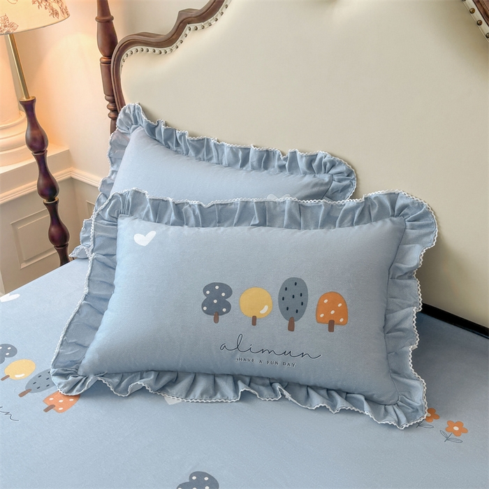 缦彩 2025新款全棉纯棉磨毛印花拉链式花边枕套一对 珍妮蓝