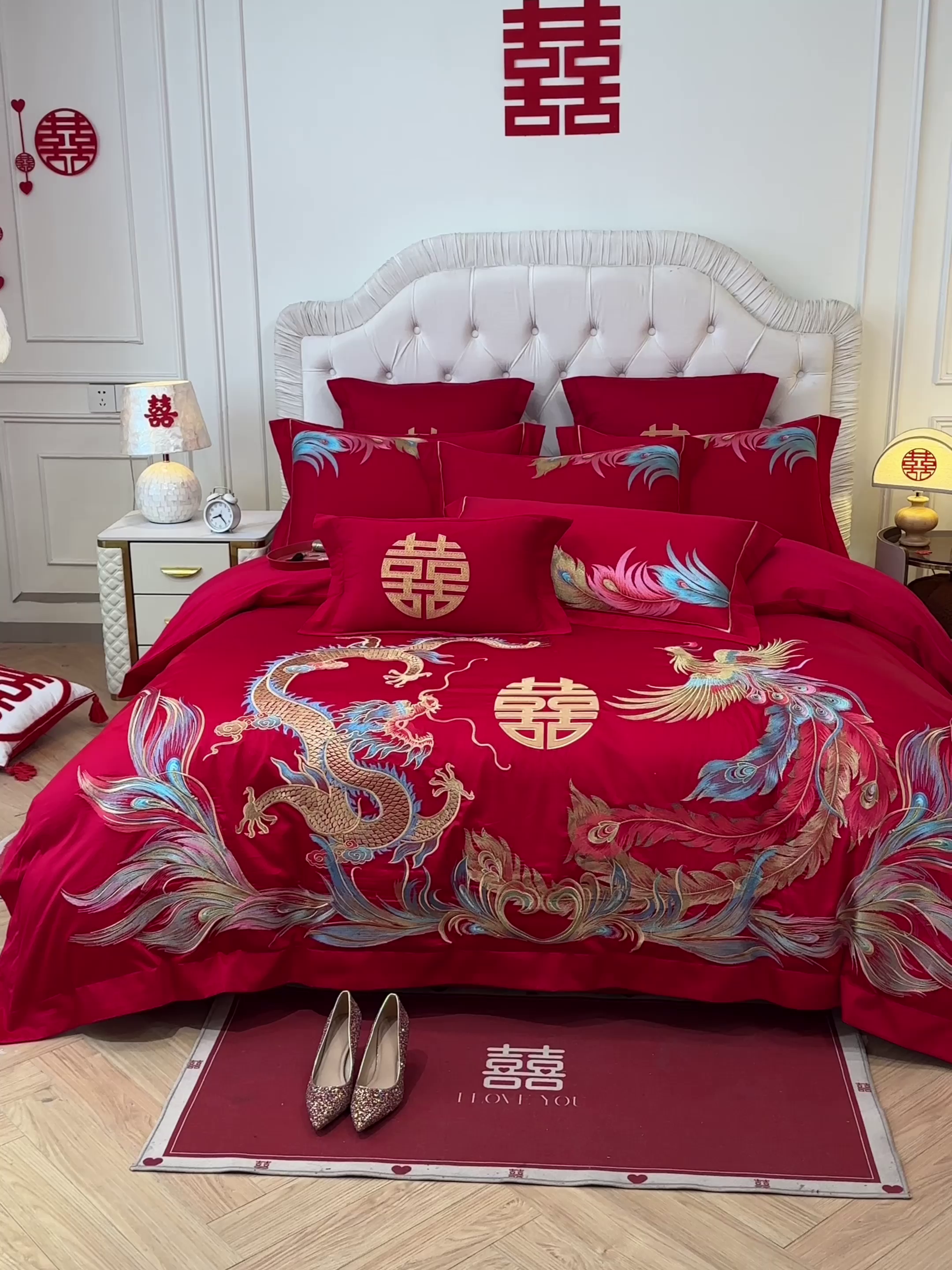 91家纺网 家纺一手货源 找家纺 欧乐蒂 2025新款亲肤棉婚庆刺绣四件套 龙凤至尊