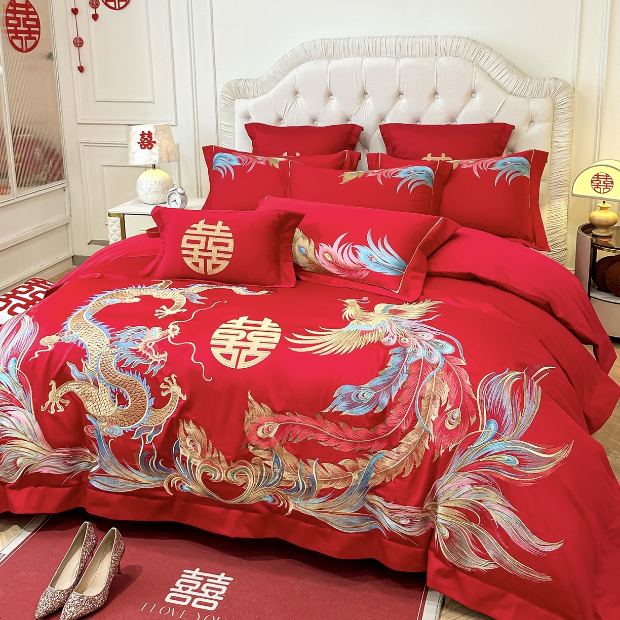 91家纺网 家纺一手货源 找家纺 欧乐蒂 2025新款亲肤棉婚庆刺绣四件套 龙凤至尊