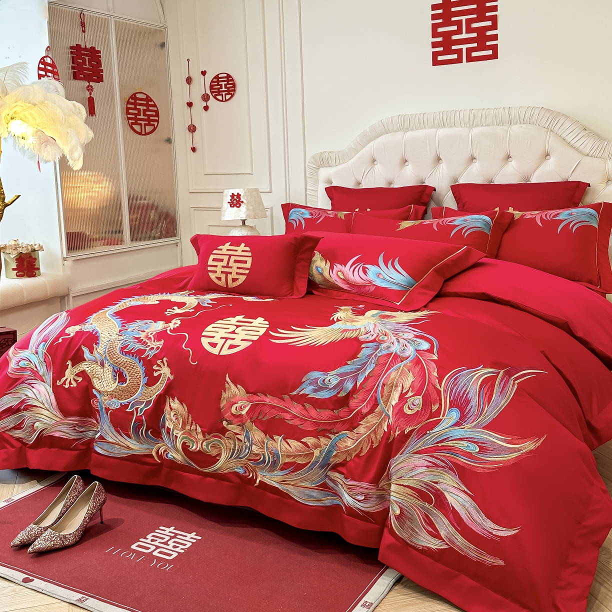 91家纺网 家纺一手货源 找家纺 欧乐蒂 2025新款亲肤棉婚庆刺绣四件套 龙凤至尊