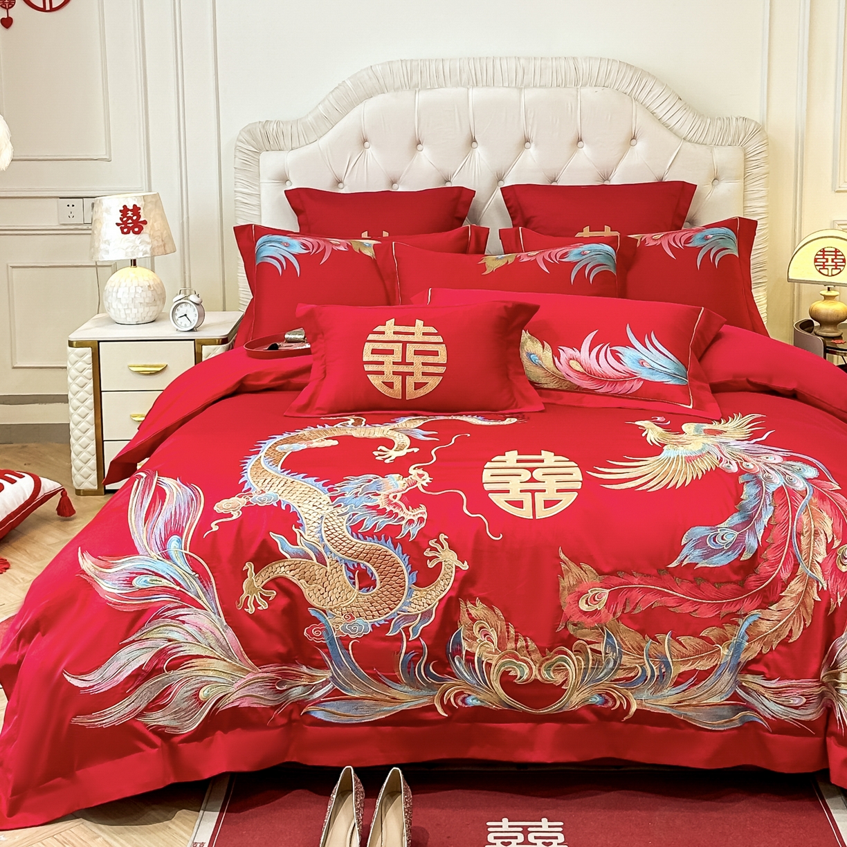 91家纺网 家纺一手货源 找家纺 欧乐蒂 2025新款亲肤棉婚庆刺绣四件套 龙凤至尊