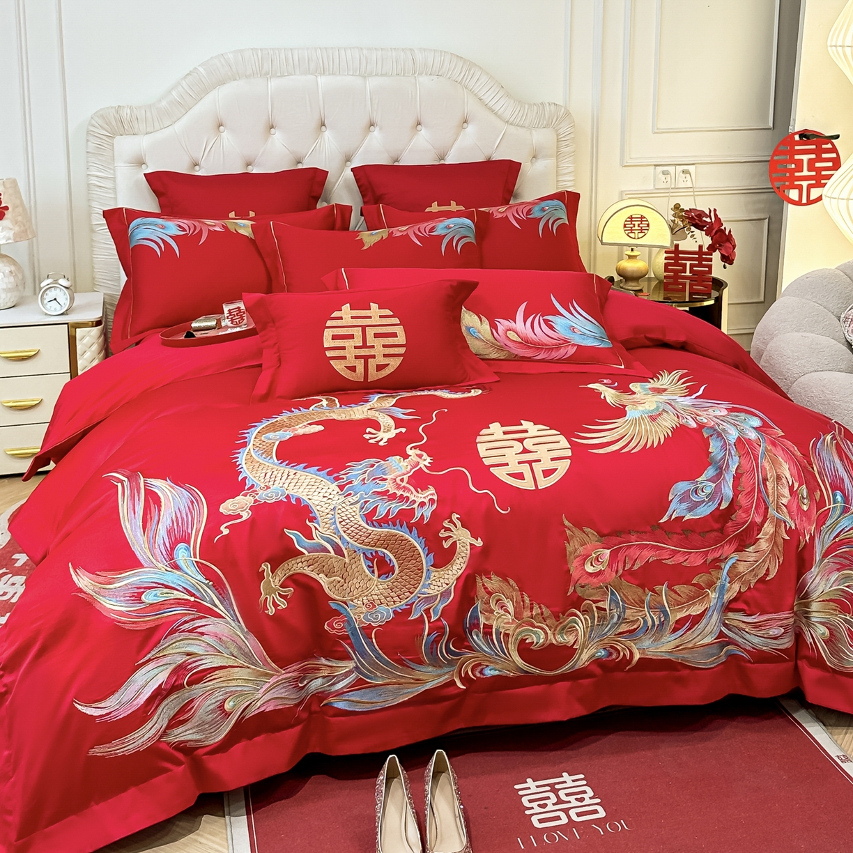 91家纺网 家纺一手货源 找家纺 欧乐蒂 2025新款亲肤棉婚庆刺绣四件套 龙凤至尊