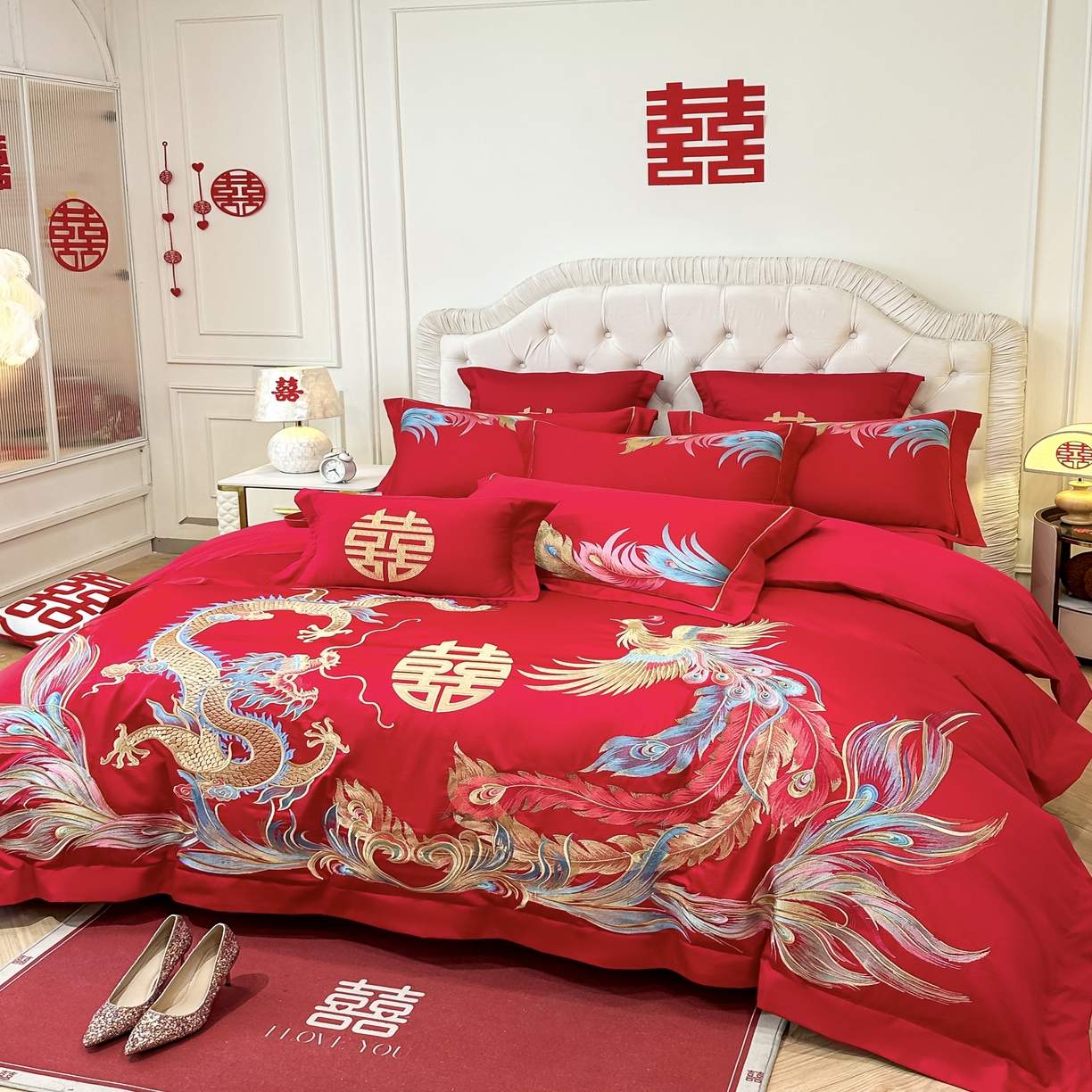 91家纺网 家纺一手货源 找家纺 欧乐蒂 2025新款亲肤棉婚庆刺绣四件套 龙凤至尊