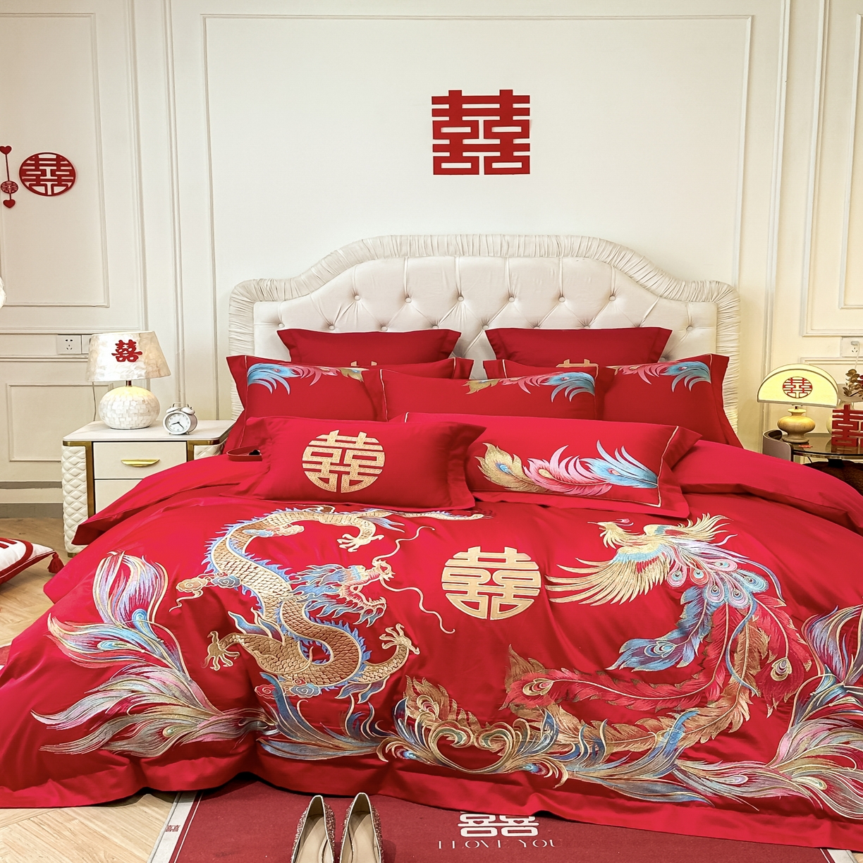 91家纺网 家纺一手货源 找家纺 欧乐蒂 2025新款亲肤棉婚庆刺绣四件套 龙凤至尊