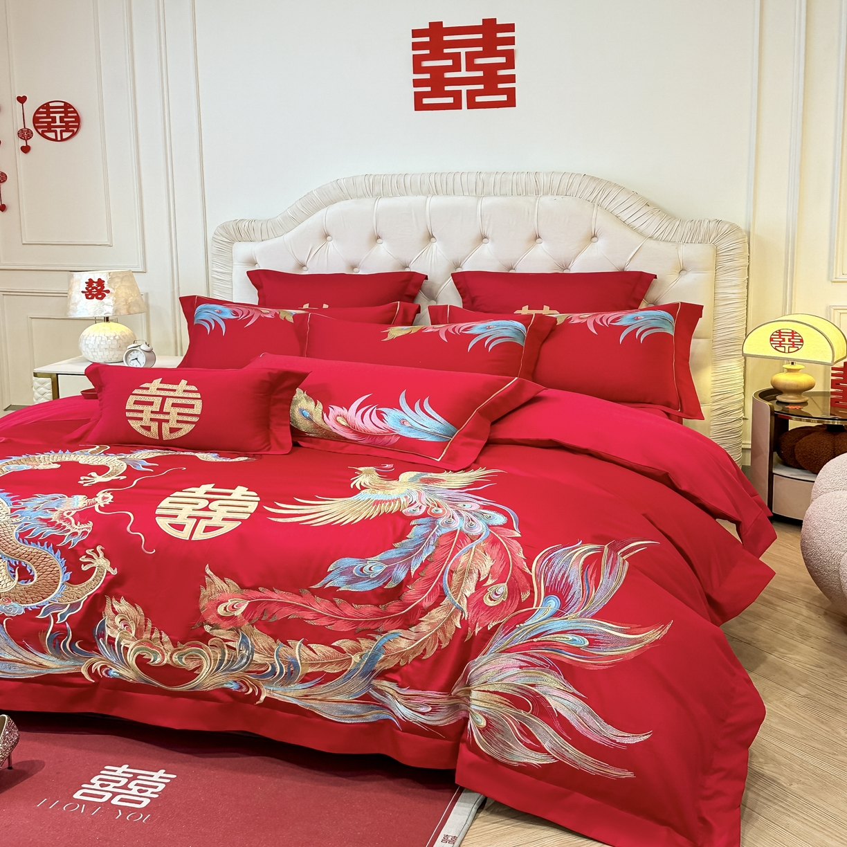 91家纺网 家纺一手货源 找家纺 欧乐蒂 2025新款亲肤棉婚庆刺绣四件套 龙凤至尊