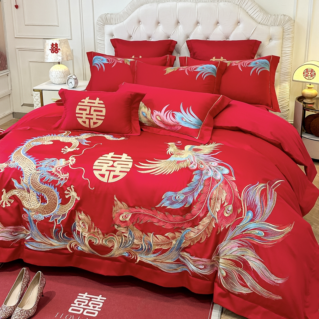 91家纺网 家纺一手货源 找家纺 欧乐蒂 2025新款亲肤棉婚庆刺绣四件套 龙凤至尊