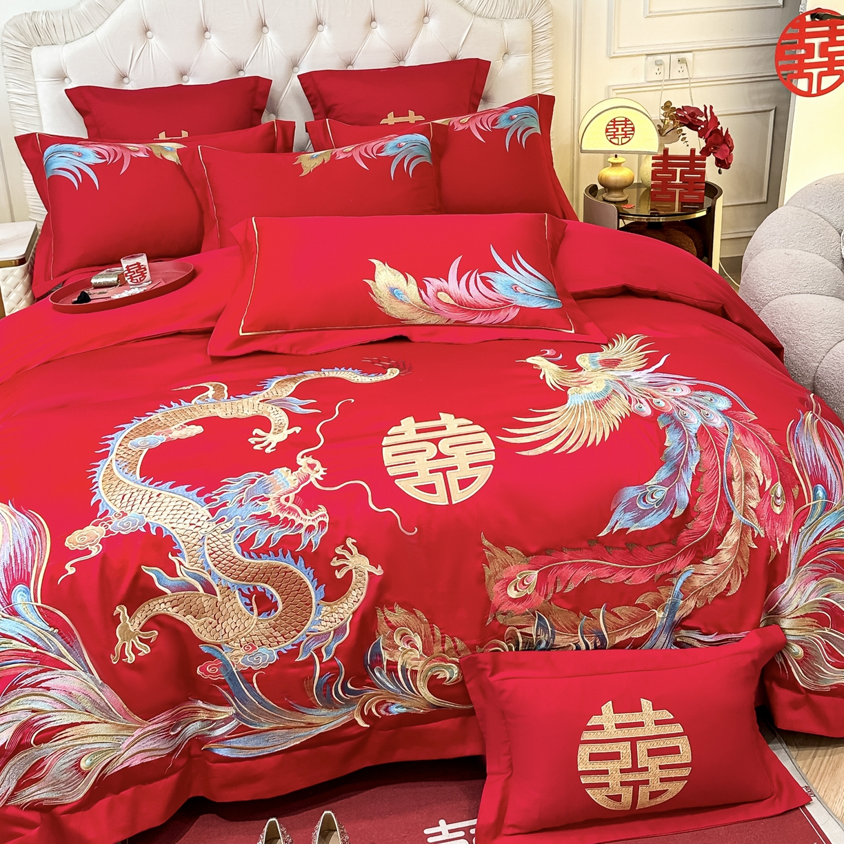 91家纺网 家纺一手货源 找家纺 欧乐蒂 2025新款亲肤棉婚庆刺绣四件套 龙凤至尊