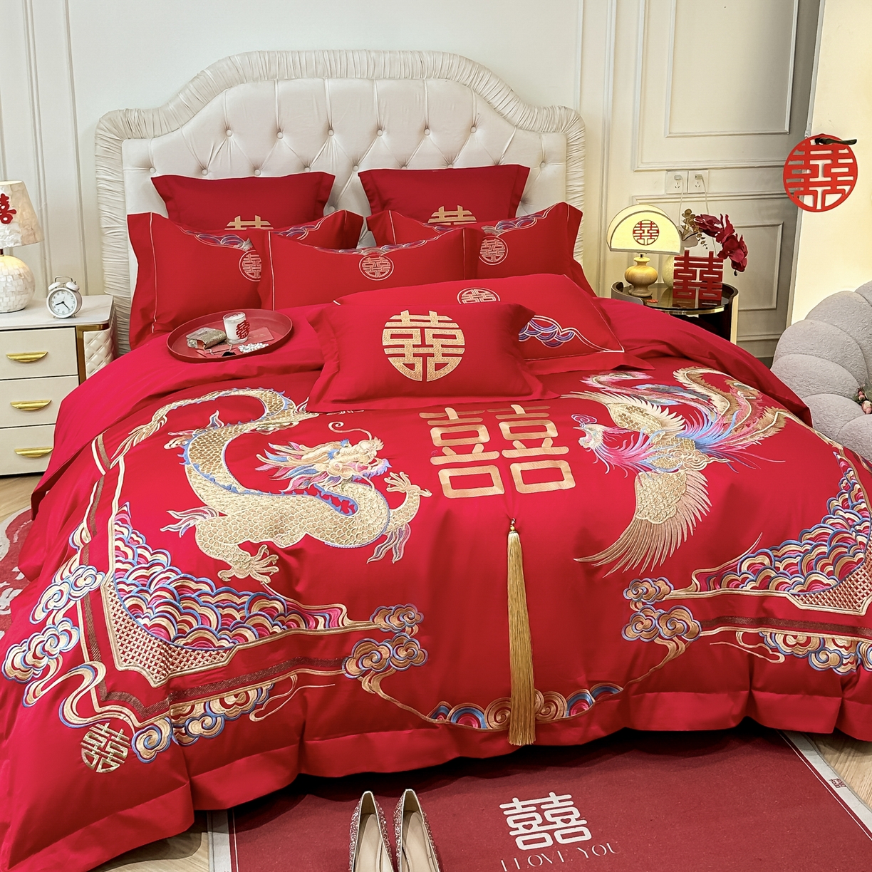 91家纺网 家纺一手货源 找家纺 欧乐蒂 2025新款亲肤棉婚庆刺绣四件套 龙腾凤跃