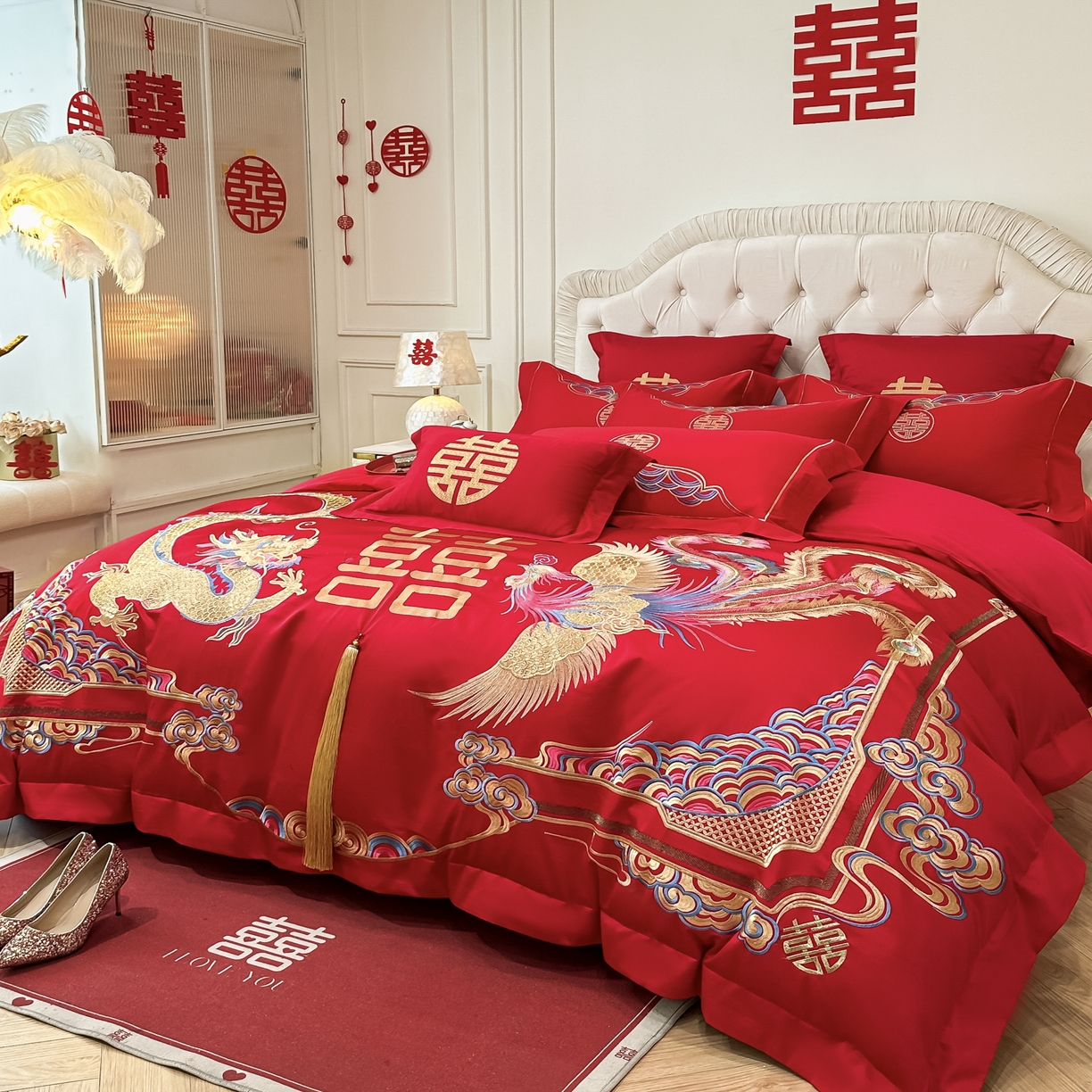 91家纺网 家纺一手货源 找家纺 欧乐蒂 2025新款亲肤棉婚庆刺绣四件套 龙腾凤跃