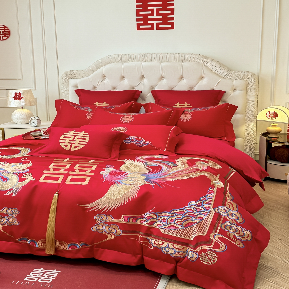 91家纺网 家纺一手货源 找家纺 欧乐蒂 2025新款亲肤棉婚庆刺绣四件套 龙腾凤跃