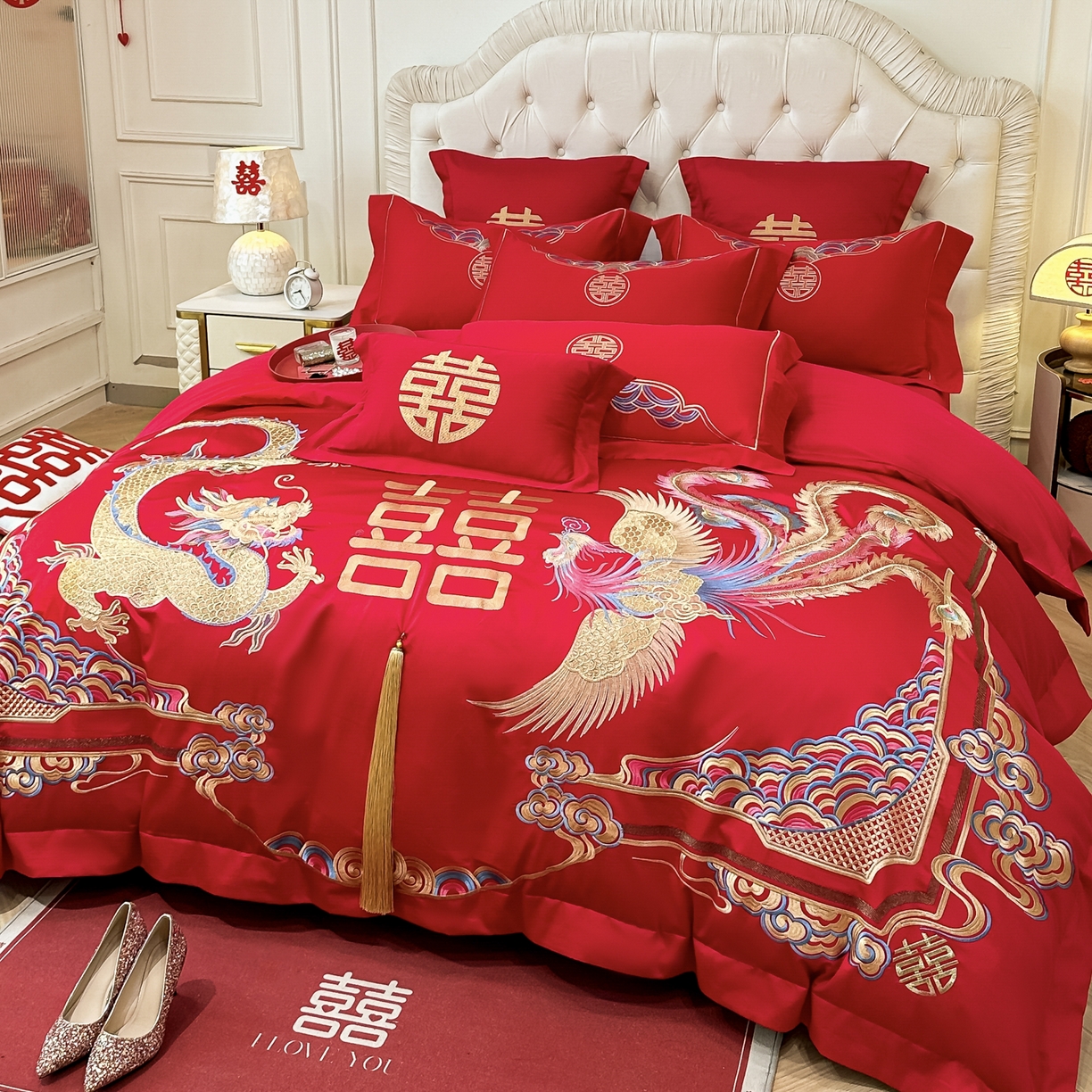 91家纺网 家纺一手货源 找家纺 欧乐蒂 2025新款亲肤棉婚庆刺绣四件套 龙腾凤跃