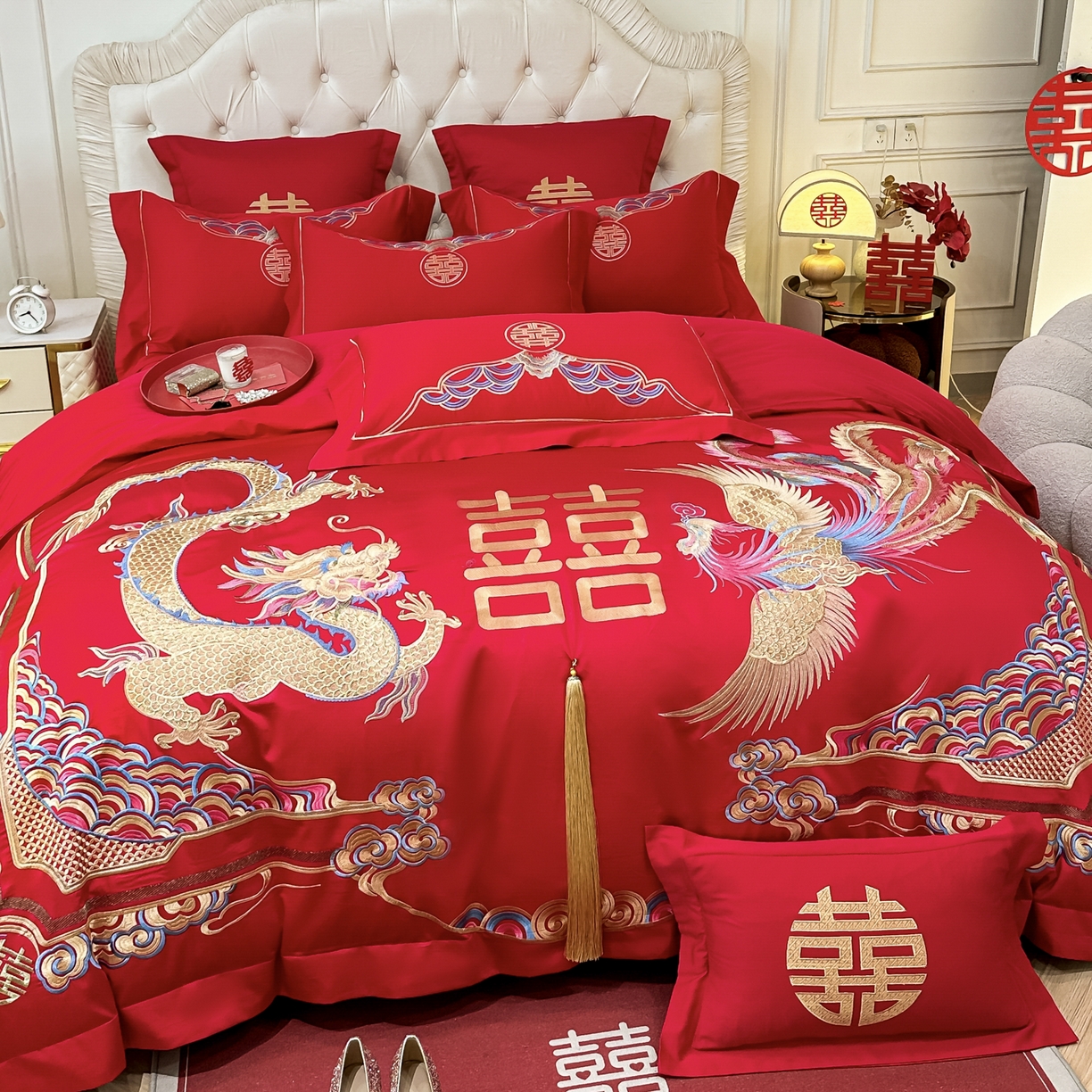 91家纺网 家纺一手货源 找家纺 欧乐蒂 2025新款亲肤棉婚庆刺绣四件套 龙腾凤跃