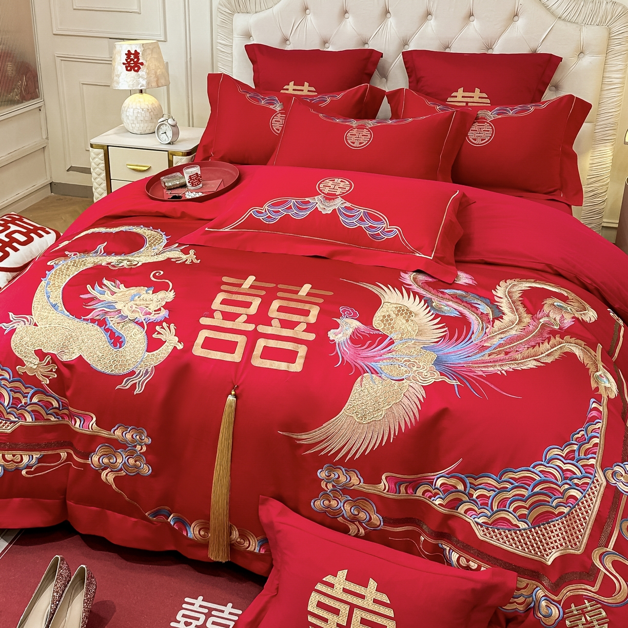 91家纺网 家纺一手货源 找家纺 欧乐蒂 2025新款亲肤棉婚庆刺绣四件套 龙腾凤跃