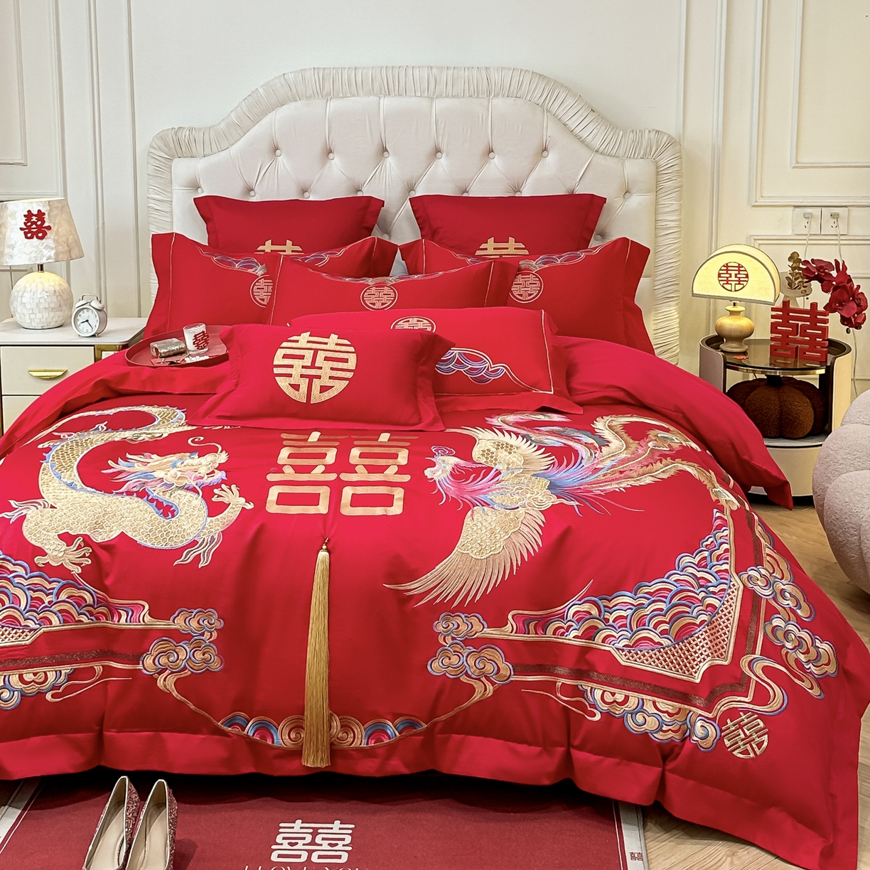 91家纺网 家纺一手货源 找家纺 欧乐蒂 2025新款亲肤棉婚庆刺绣四件套 龙腾凤跃