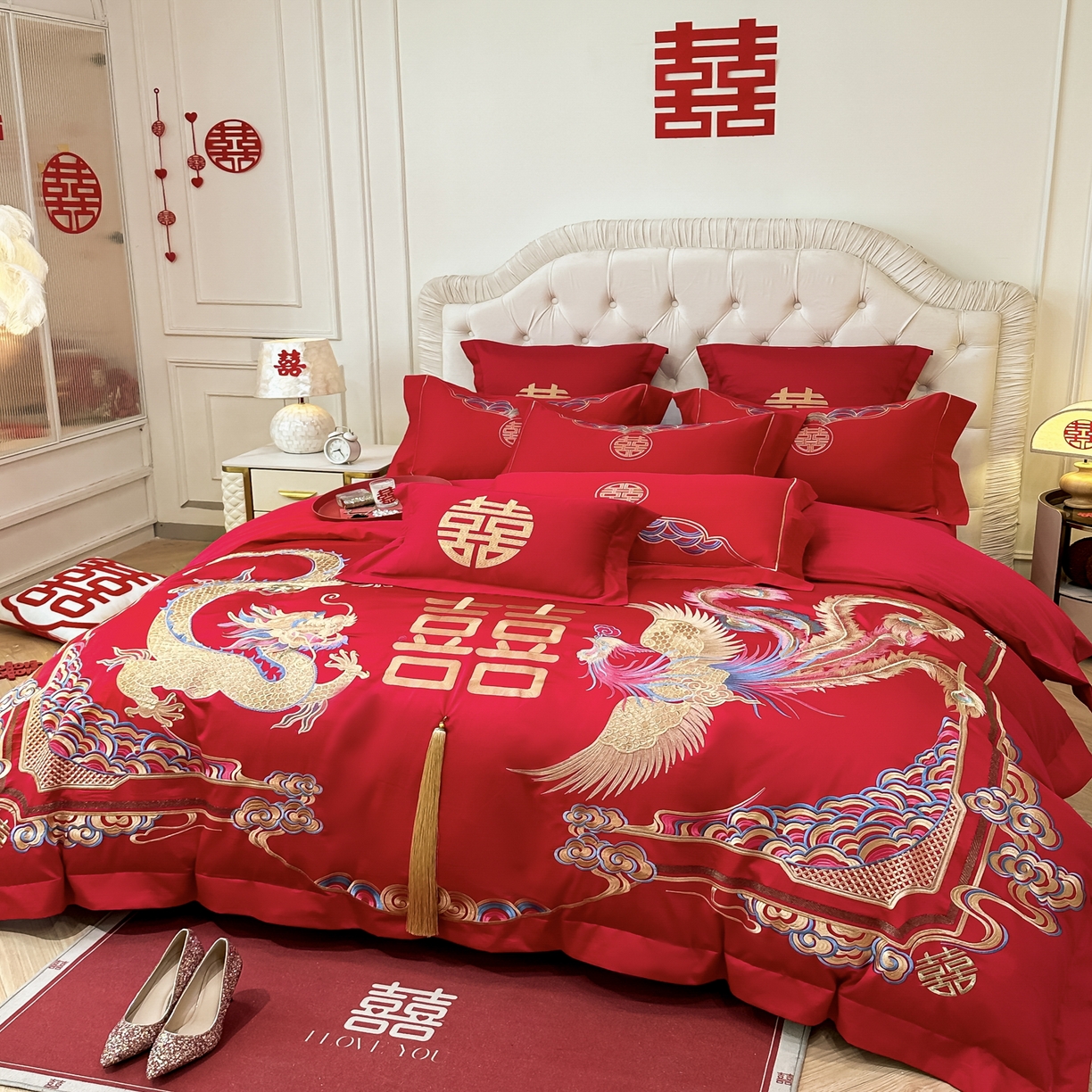 91家纺网 家纺一手货源 找家纺 欧乐蒂 2025新款亲肤棉婚庆刺绣四件套 龙腾凤跃