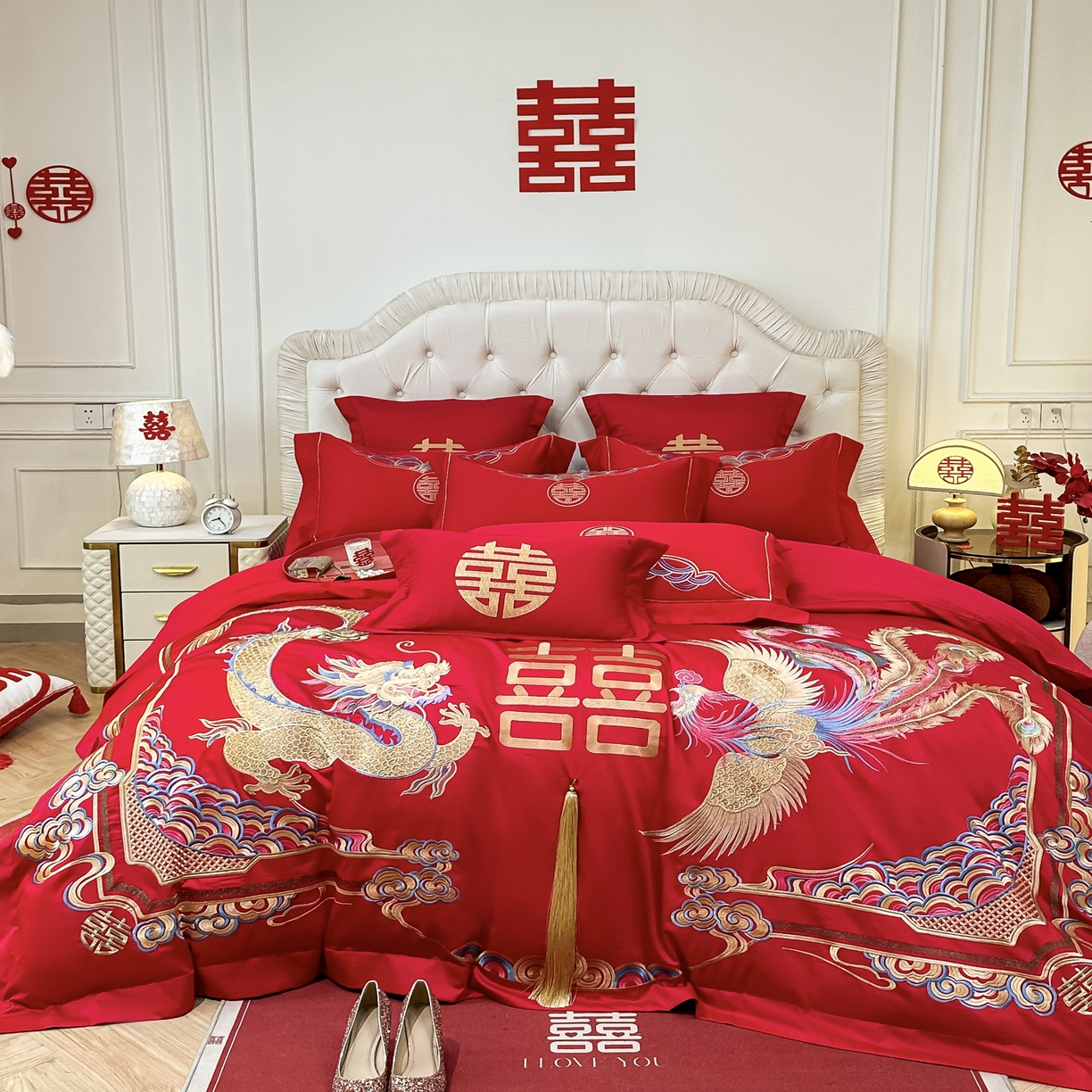 91家纺网 家纺一手货源 找家纺 欧乐蒂 2025新款亲肤棉婚庆刺绣四件套 龙腾凤跃