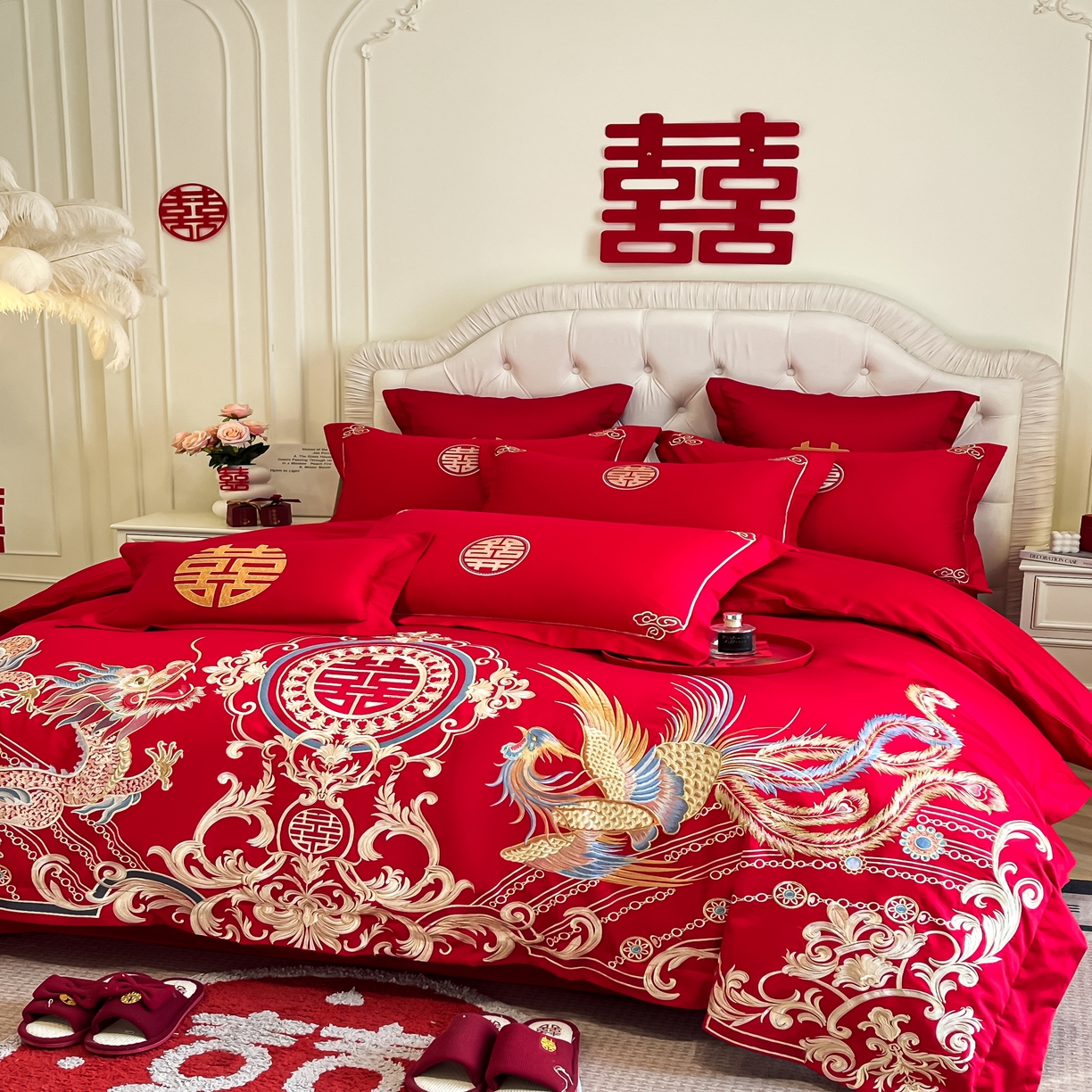 91家纺网 家纺一手货源 找家纺 欧乐蒂 2025新款亲肤棉婚庆刺绣四件套 龙翔凤跃