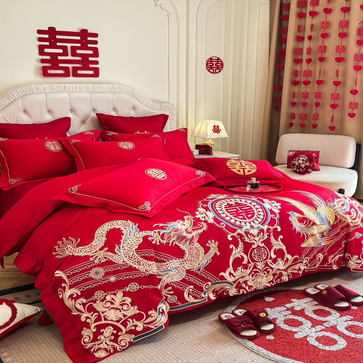 91家纺网 家纺一手货源 找家纺 欧乐蒂 2025新款亲肤棉婚庆刺绣四件套 龙翔凤跃