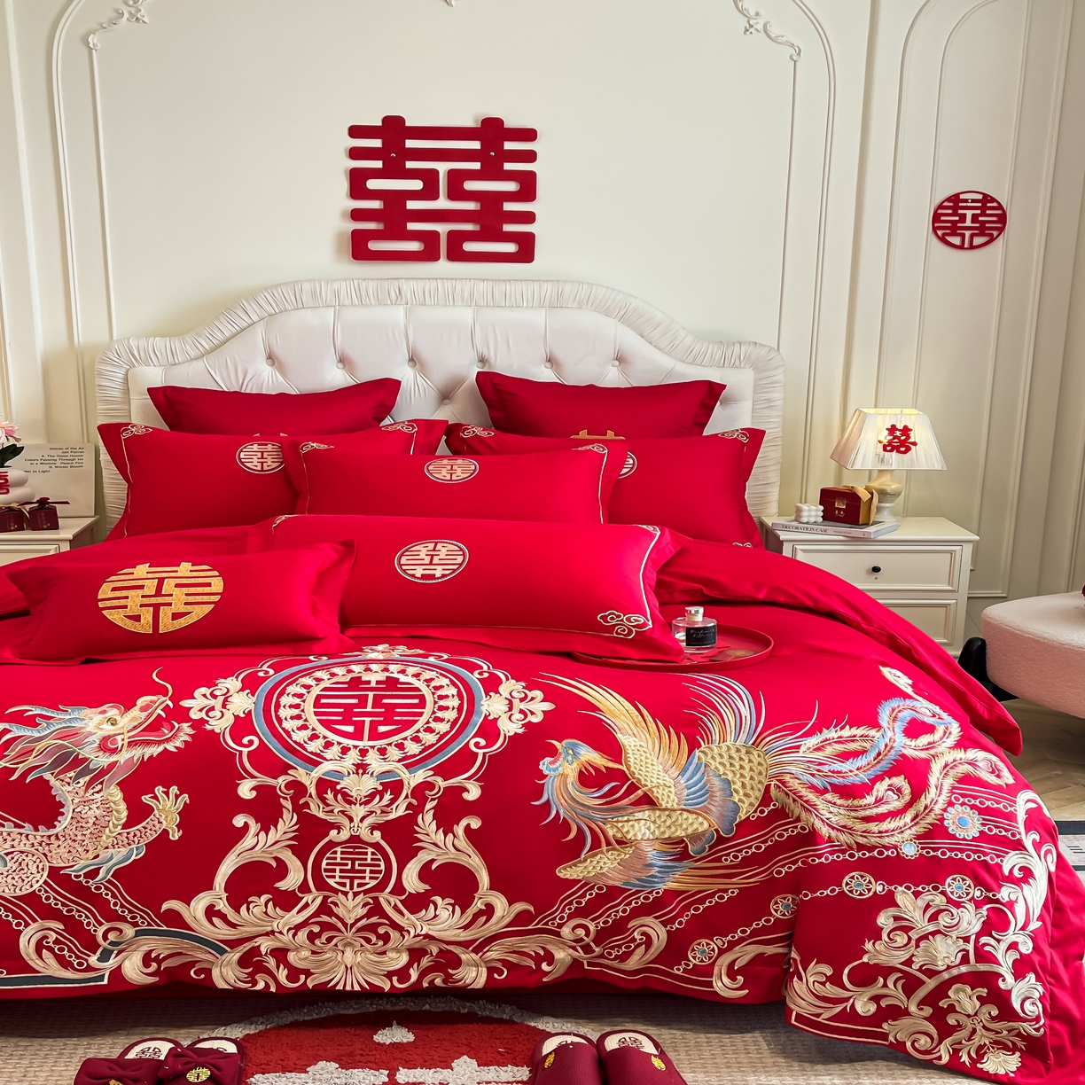 91家纺网 家纺一手货源 找家纺 欧乐蒂 2025新款亲肤棉婚庆刺绣四件套 龙翔凤跃