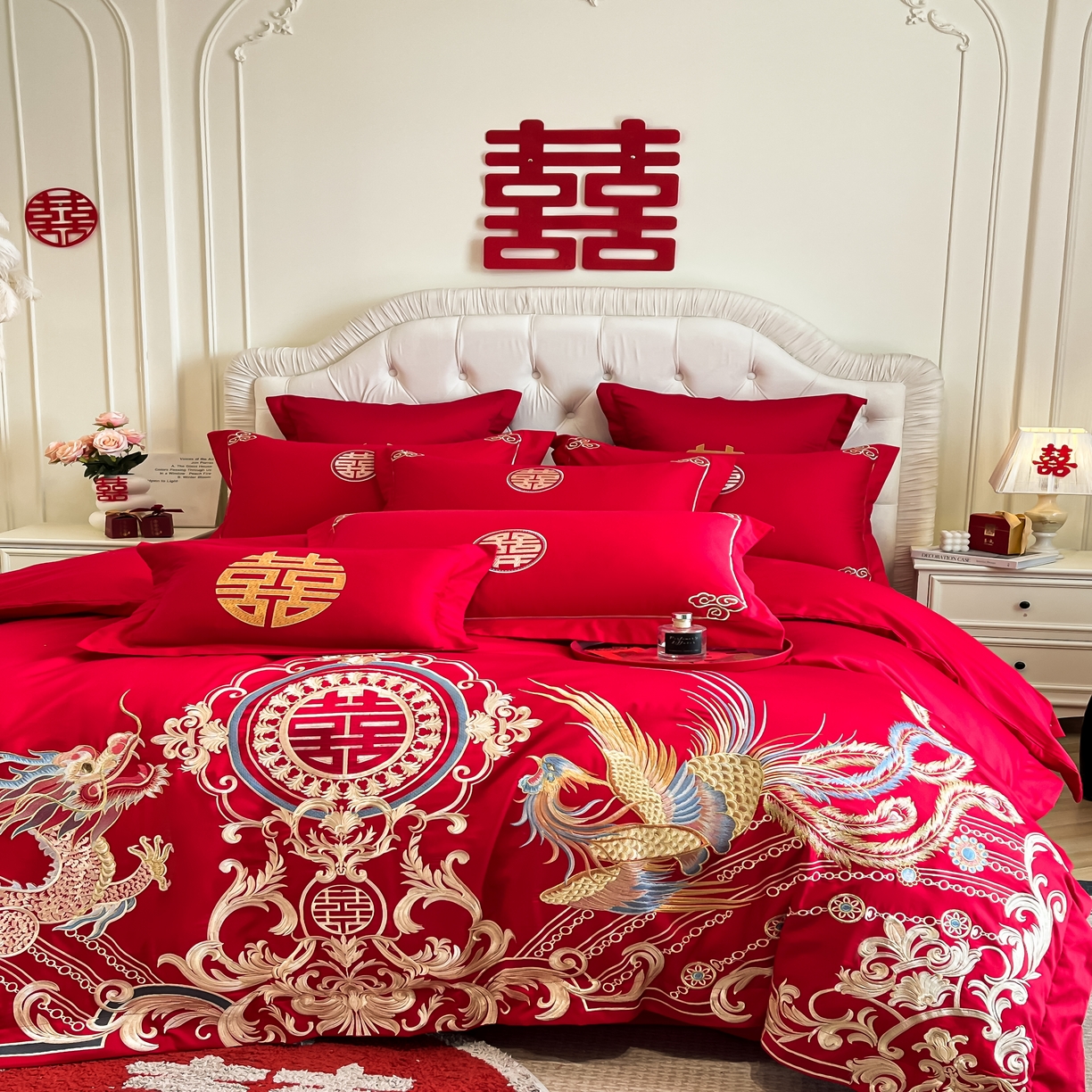 91家纺网 家纺一手货源 找家纺 欧乐蒂 2025新款亲肤棉婚庆刺绣四件套 龙翔凤跃